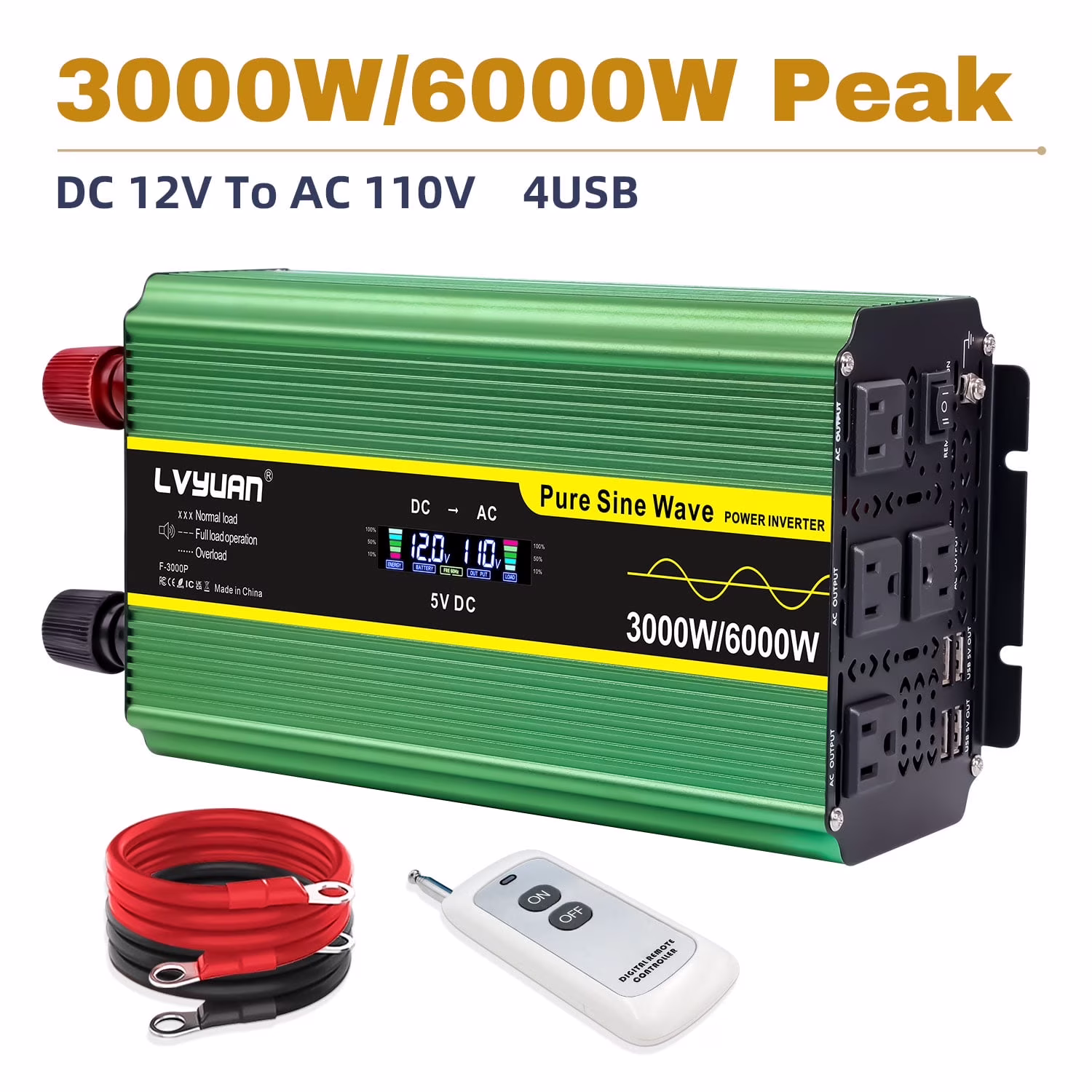 LVYUAN 3000watts Pure Sine Wave Power Inverter DC 12V to AC 110V 120V Converter 4USB 4AC LCD Display with Remote Control
