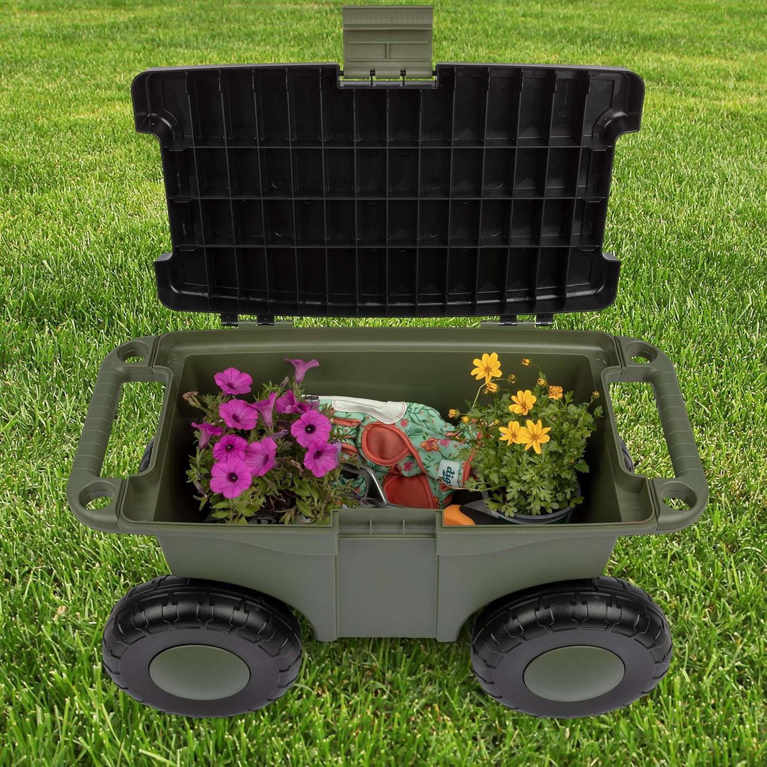 Pure Garden Rolling Garden Cart with Seat, Green