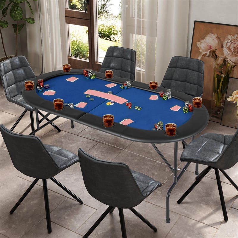 72" 8-Player Foldable Poker Table w/ Armrests, 8 Cup Holders & Casino-Grade Felt, Portable Oval Texas Holdem Blackjack Card Table, No Assembly