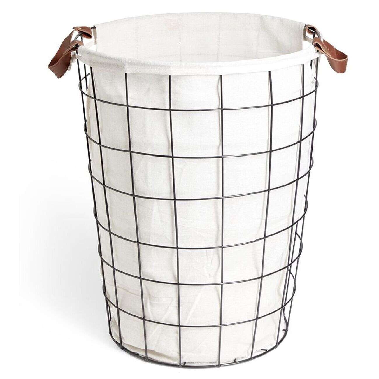Panier à linge 48L métal noir et tissu blanc