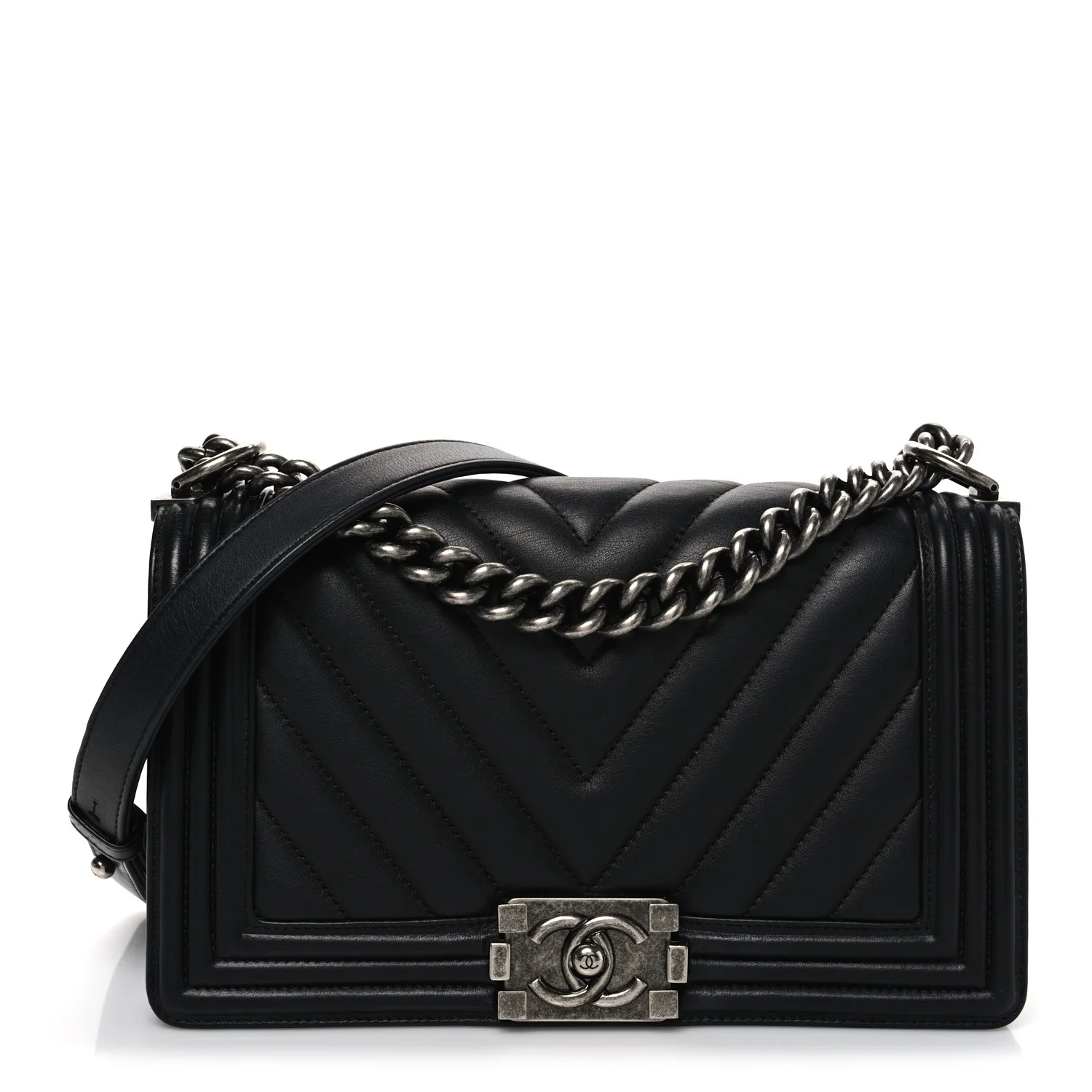 Calfskin Chevron Quilted Medium Boy Flap Black