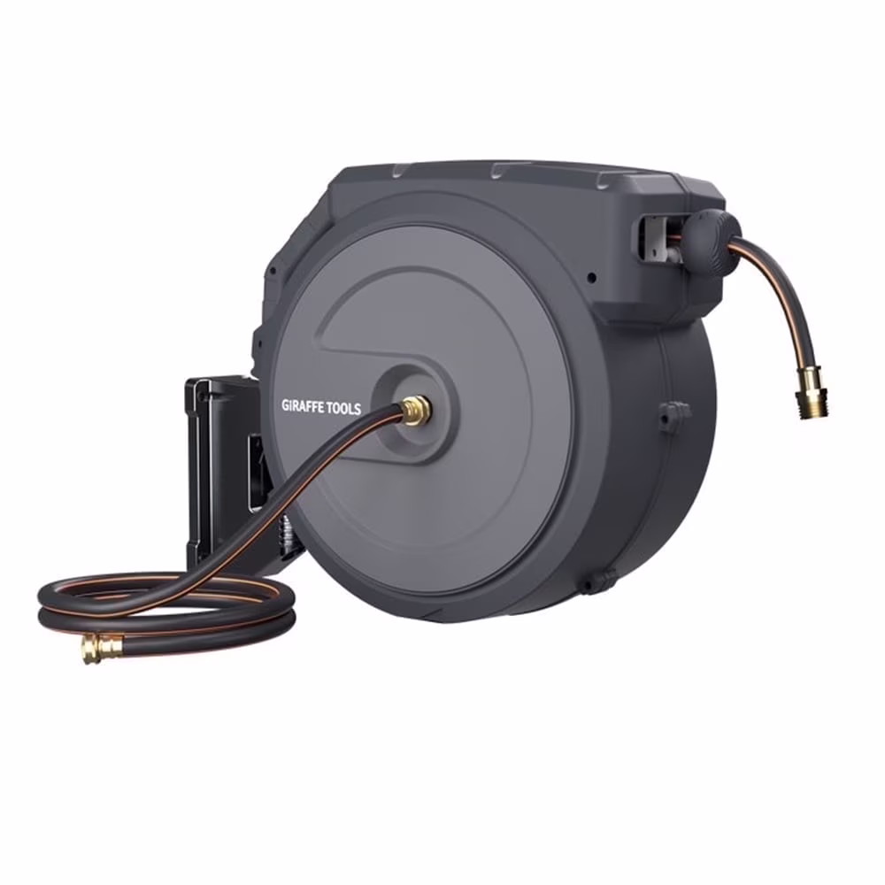 Giraffe Tools Retractable Garden Hose Reel with 1/2in-100ft Water Hose, Plastic Bracket, Wall Mounted, Dark Grey