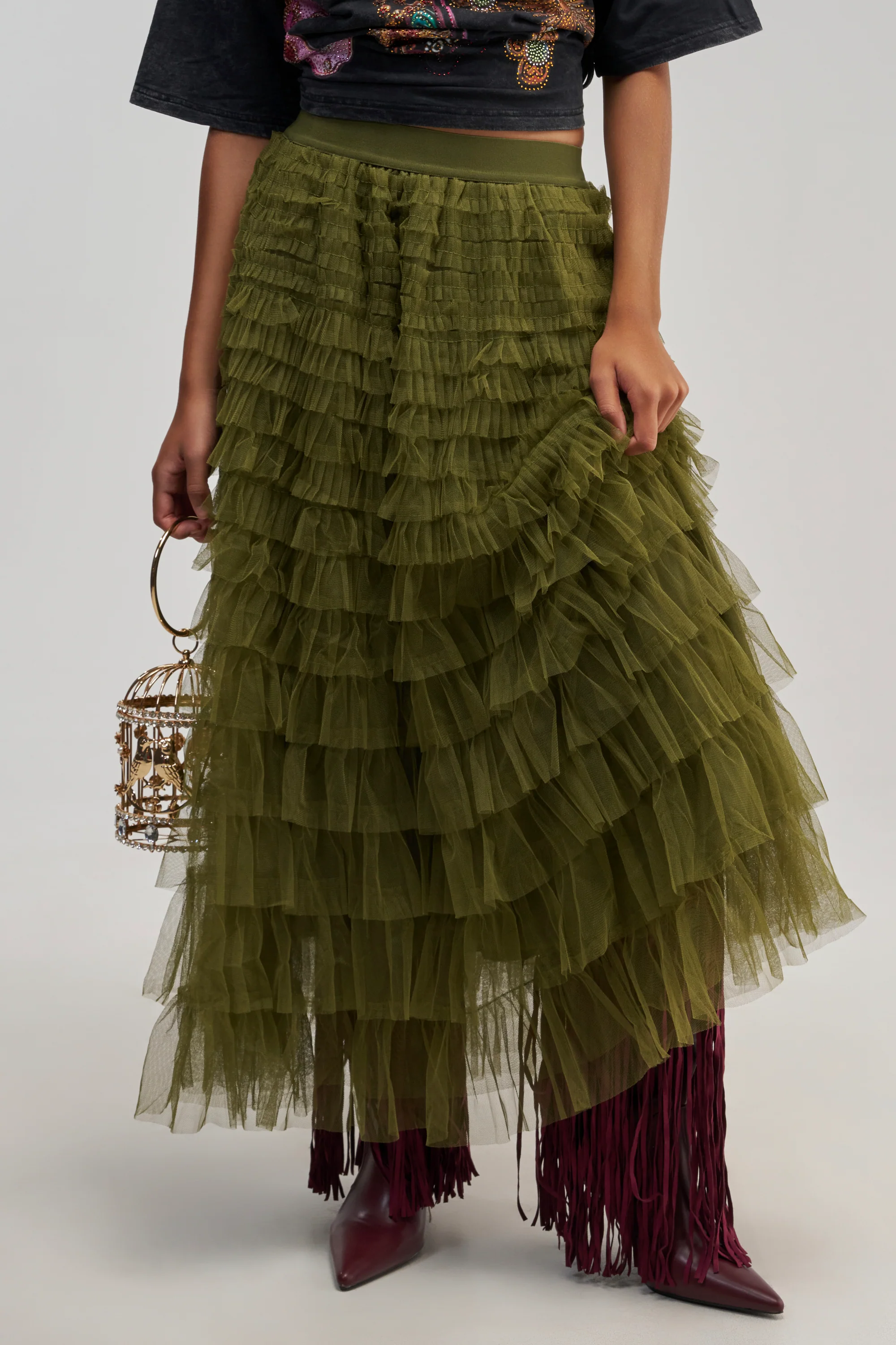 STARS ALIGNED MESH RUFFLE MAXI SKIRT - Akira Store