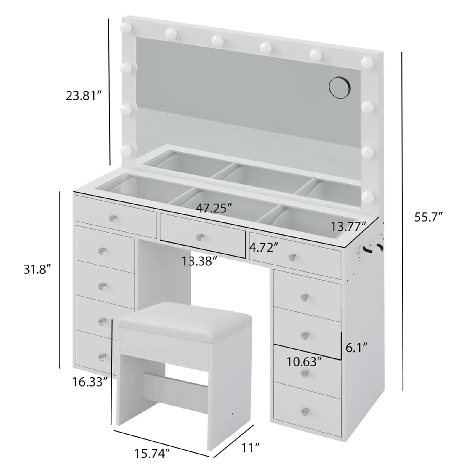 White Vanity Desk with Illuminated Mirror Power Outlet, 11 Drawers Vanity Table with Chair, Makeup Vanity with 12 LED Lights, Tempered Glass Top, Dressing Table for Bedroom,Dressing Room(White) - Image 4