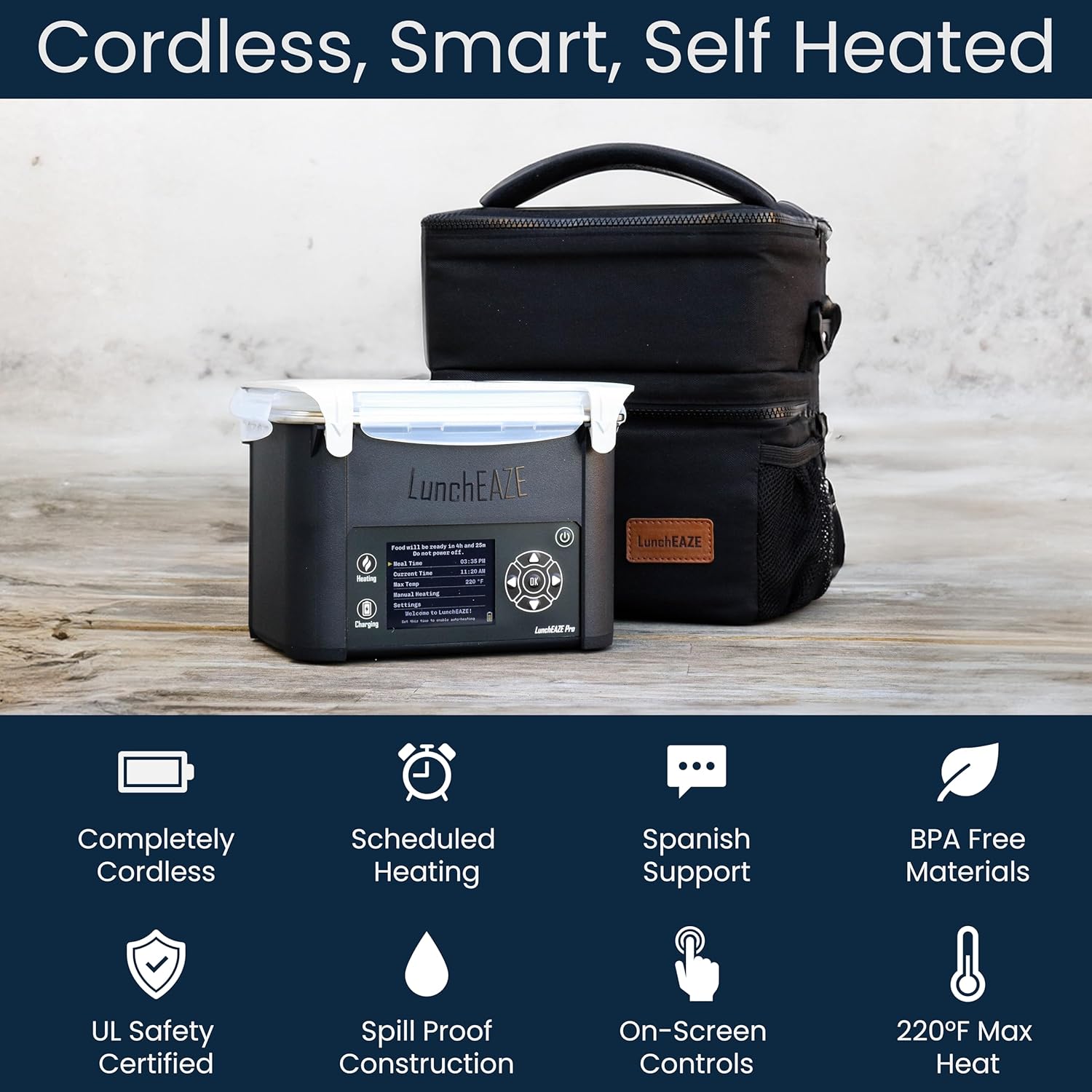 LunchEAZE Pro Cordless Heated Lunchbox – Battery-Powered, 4-Cup Capacity, 220°F Max, Automatic Scheduled Heating, Insulated Bag Included for Hot Meals Anywhere