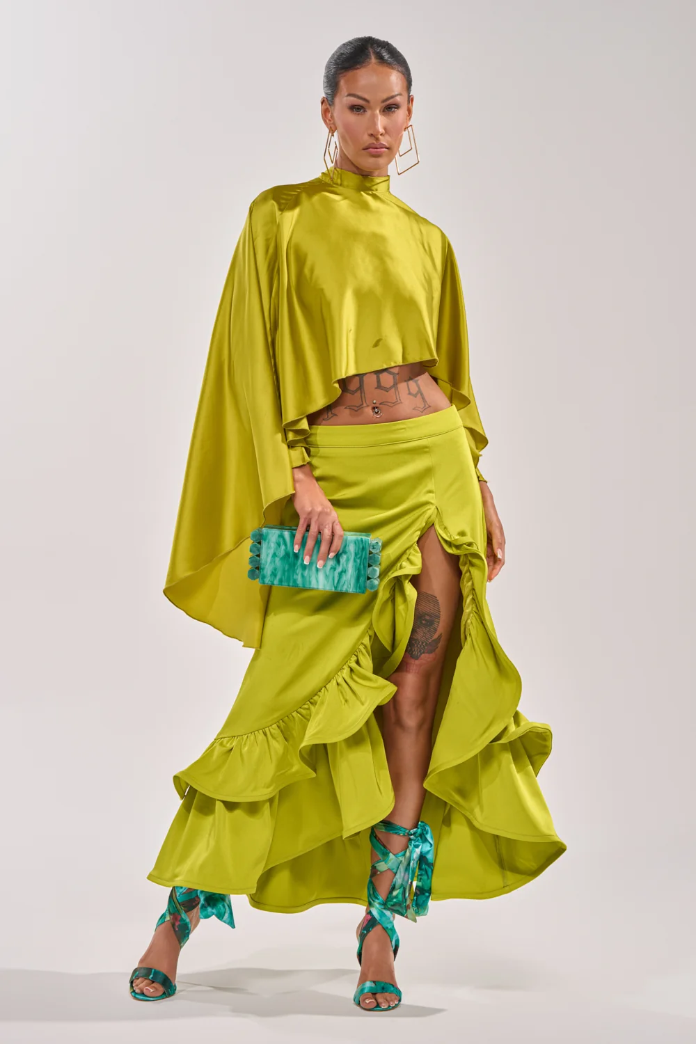 LADY LUXE RUCHED MIDI SKIRT WITH HIGH SLIT - Akira Store