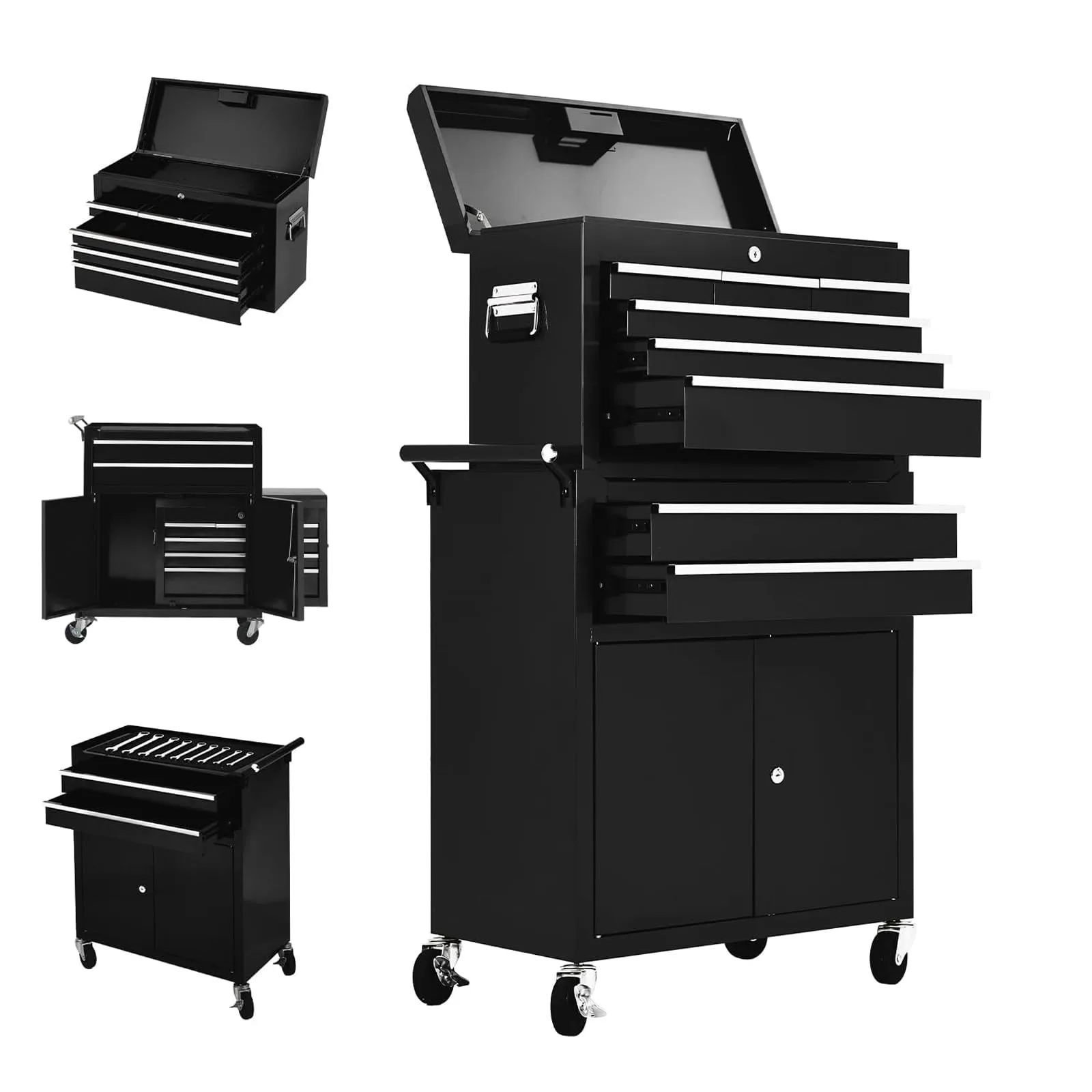 GloryStar 8-Drawer Tool Chest, Tool Box Organizer w/Lockable Wheels & Detachable Top & Adjustable Shelf, Toolbox for Workshop Garage