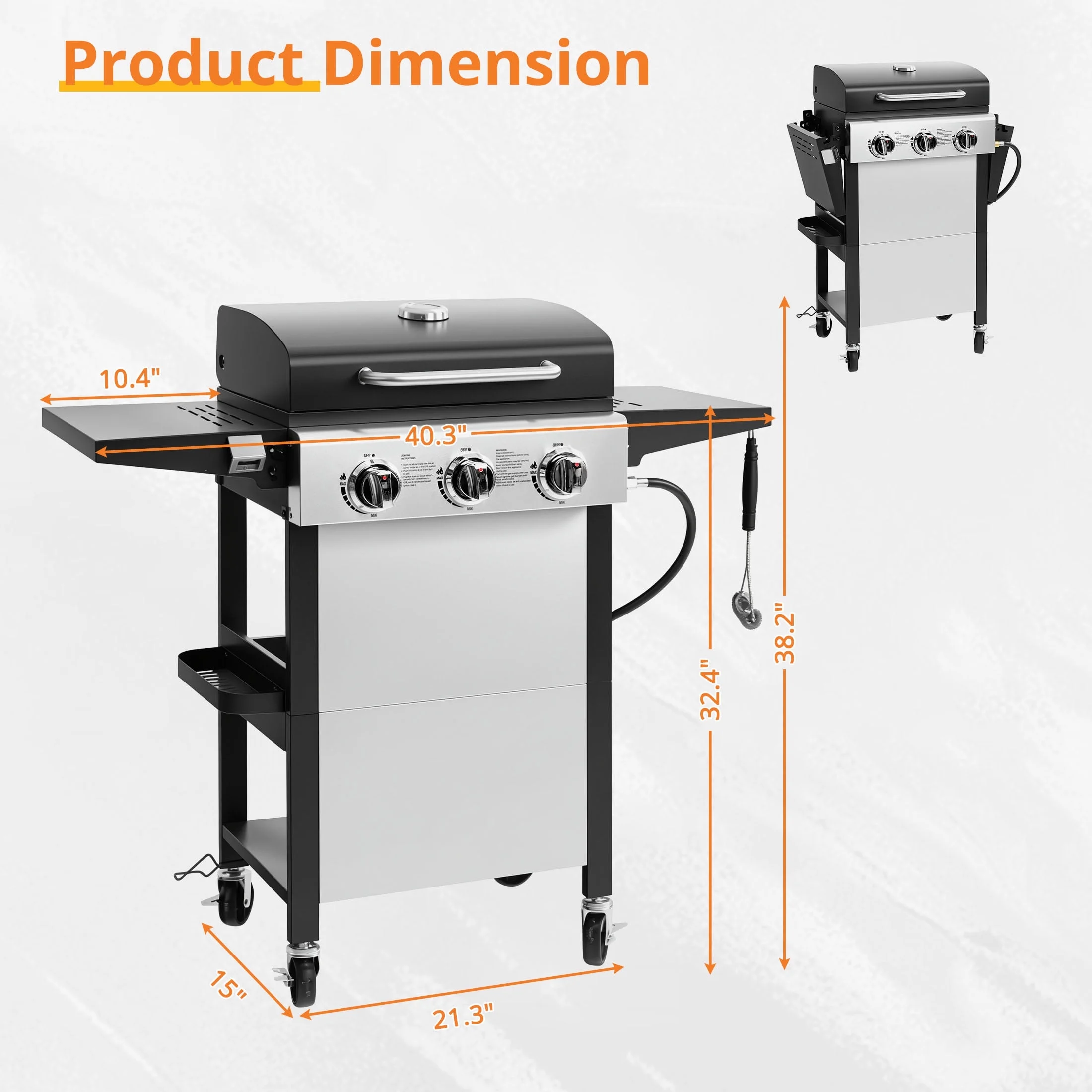 Enyopro 3 - Burner Propane Gas Grill, 30000 BTU BBQ Grill with Foldable Side Table, Stainless Steel Warming Rack, Hooks, and Built - in Bottle Opener for Outdoor Barbecue