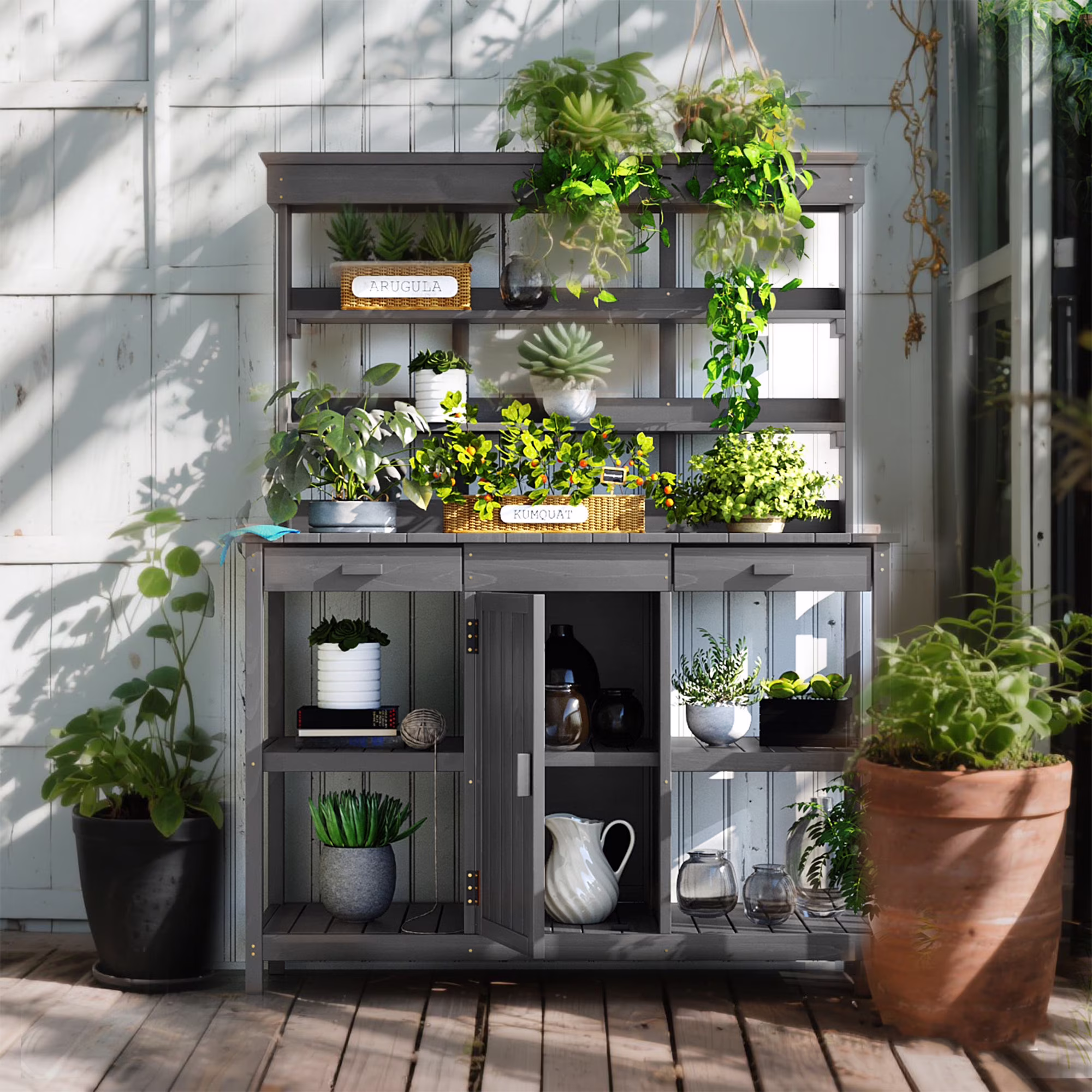 YIYADO 66 Large Outdoor Wooden Planter Workbench, Farmhouse Style Garden Workstation with 2 Drawers, Cabinets, and Open Shelves, Suitable for Backyards and Mudrooms, Gray