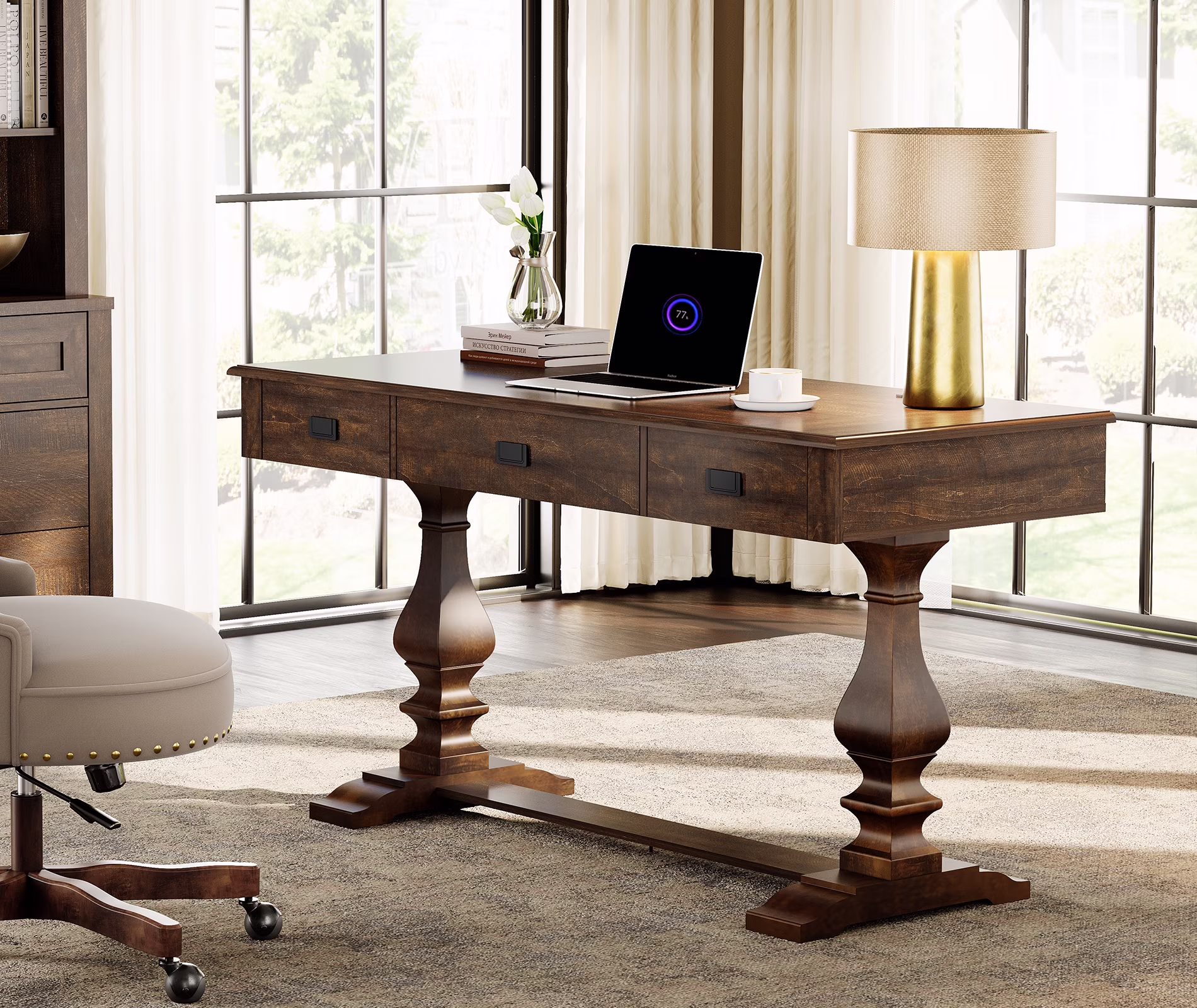 WAMPAT Farmhouse Office Desk with Charging Station - Vintage Rustic Executive Writing Table, Includes 3 Storage Drawers, Sturdy Solid Wood Legs and Ergonomic Rounded Edge for Study, Dark Brown