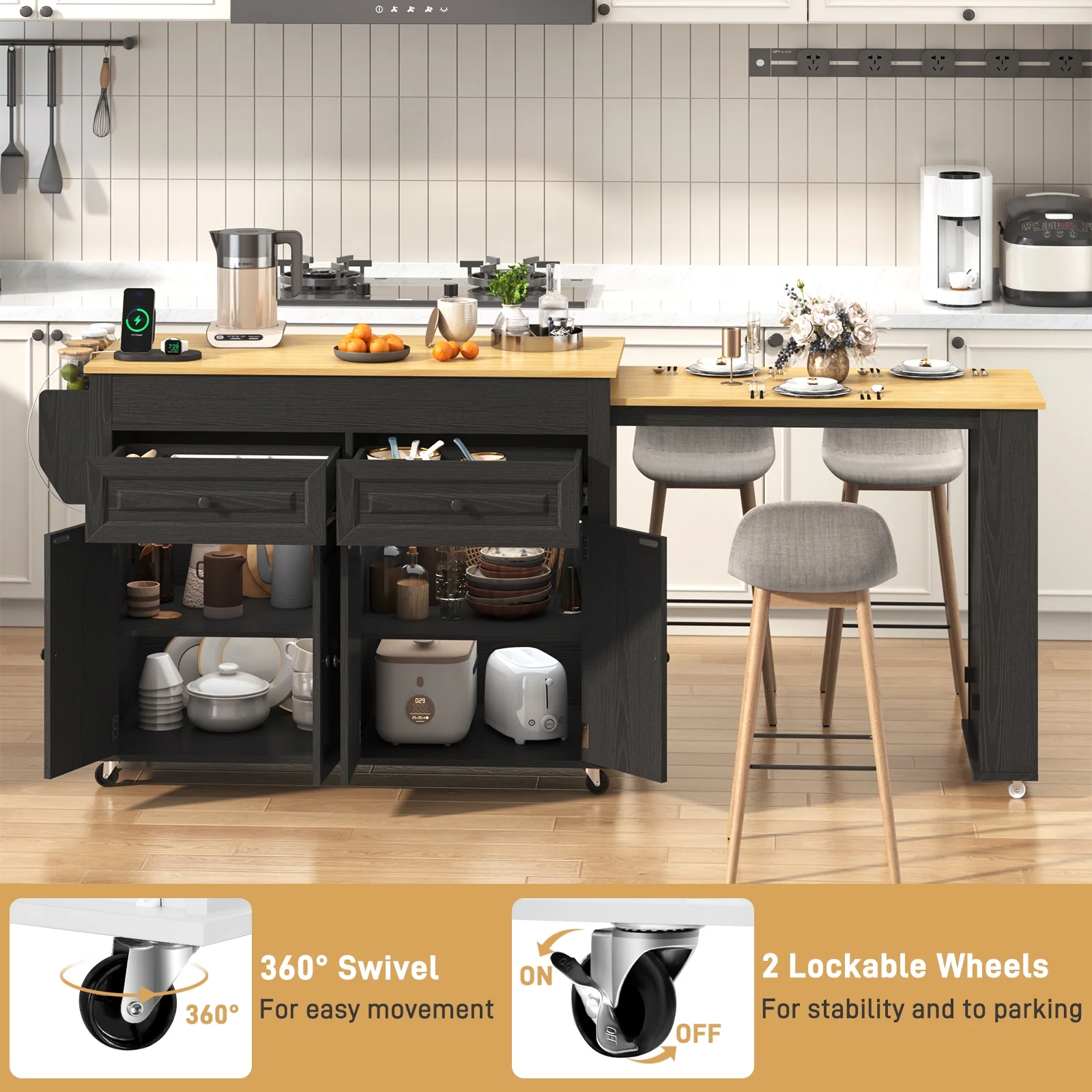 Large Kitchen Island with Extendable Dining Table and Power Outlet, Rolling Kitchen Island Cart on Wheels with 2 Storage Cabinets 2 Drawers 3 Spice Racks, Island Table for Kitchen(Black) - Image 7