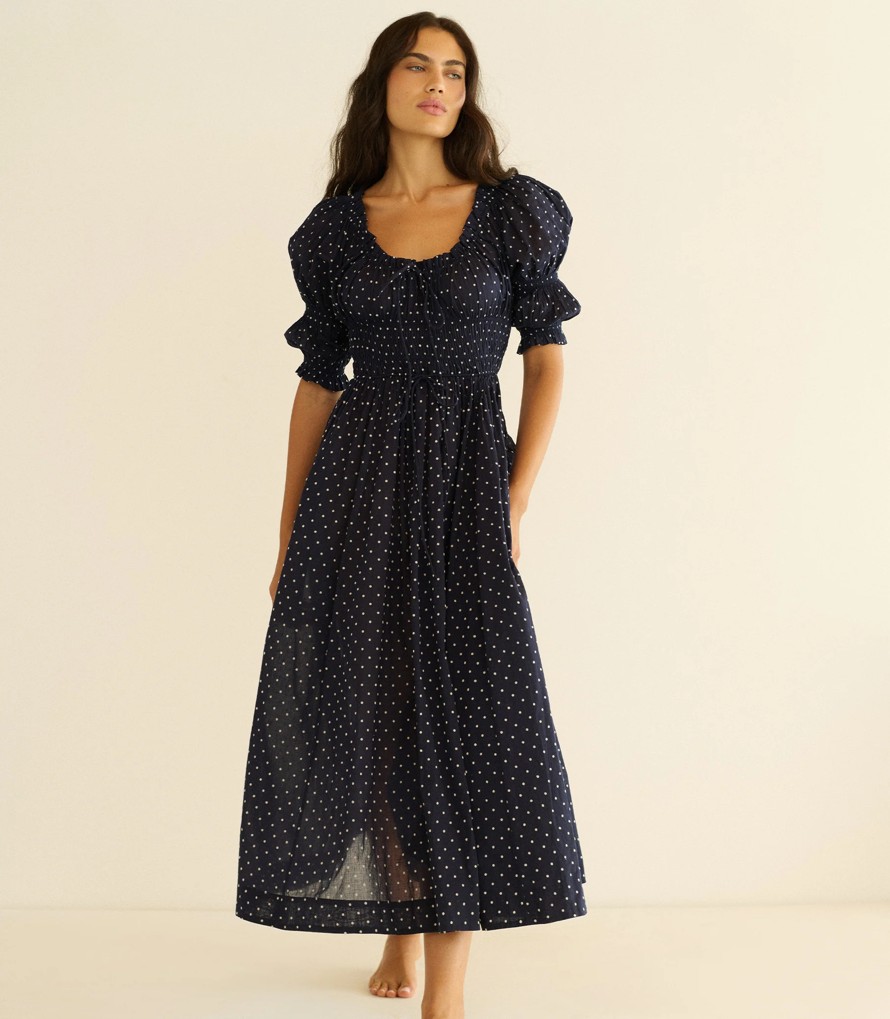 ISCHIA DRESS -- NAVY FLOCK DOT