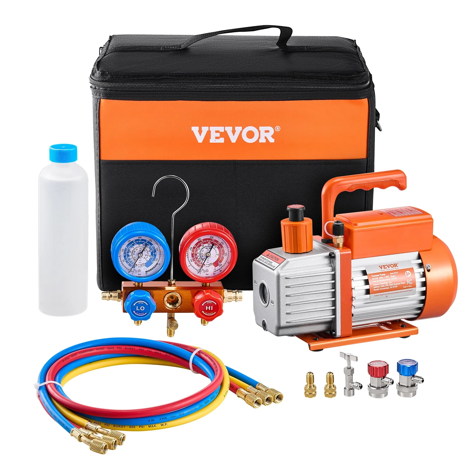 VEVOR 3.5 CFM AC Vacuum Pump and Gauge Set,Single Stage Rotary Vane HVAC Air Vacuum Pump,A/C Refrigerant Manifold Gauge Kit, with Hoses,for R134a,R12,R22,R502a,R410A,R404,R407C Refrigerants
