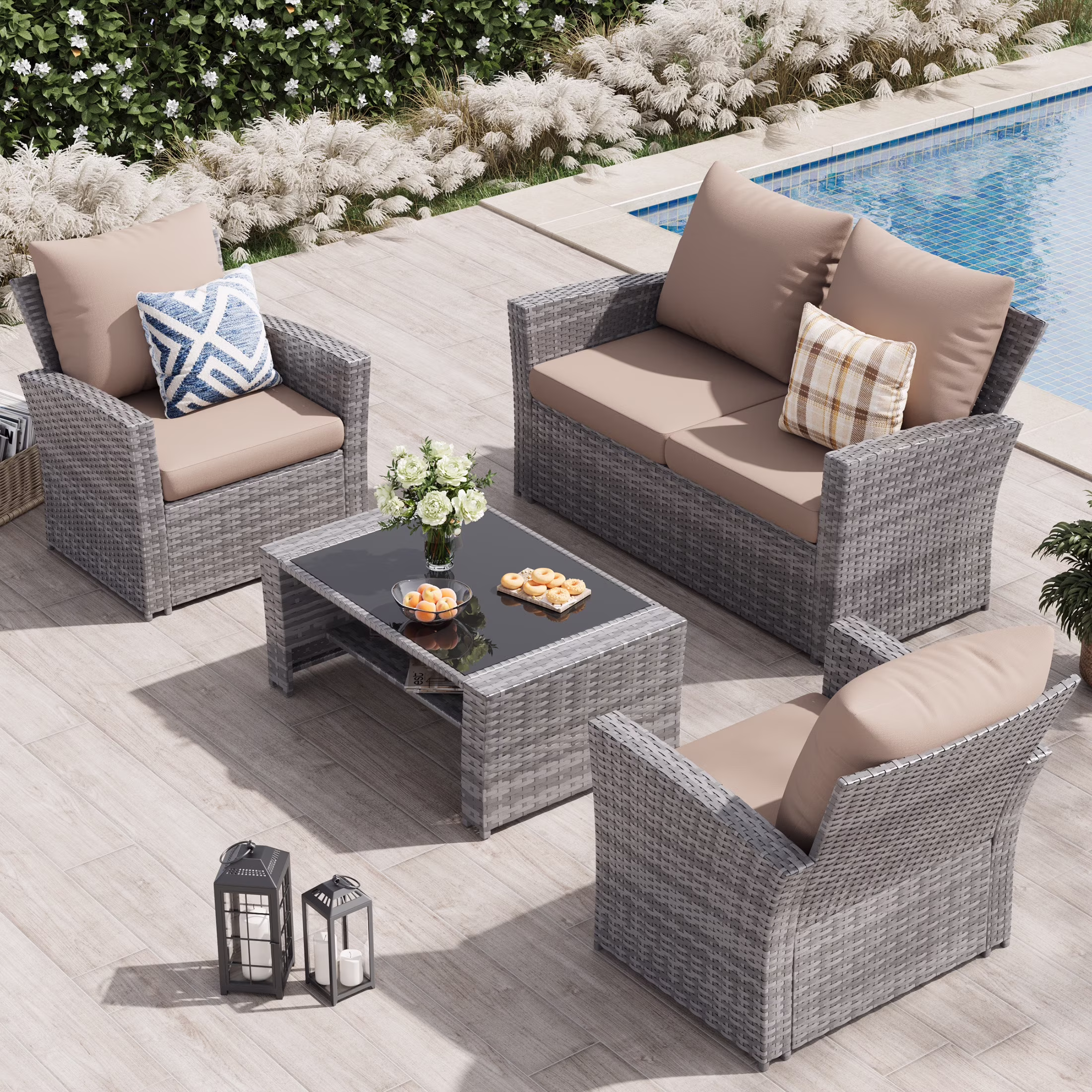 Wicker Patio Furniture Set, 4 Piece Outdoor Sectional Conversation Sets, Gray PE Rattan Patio Sofa Set for Balcony, Porch, Backyard, Grey(Gray) - Image 5