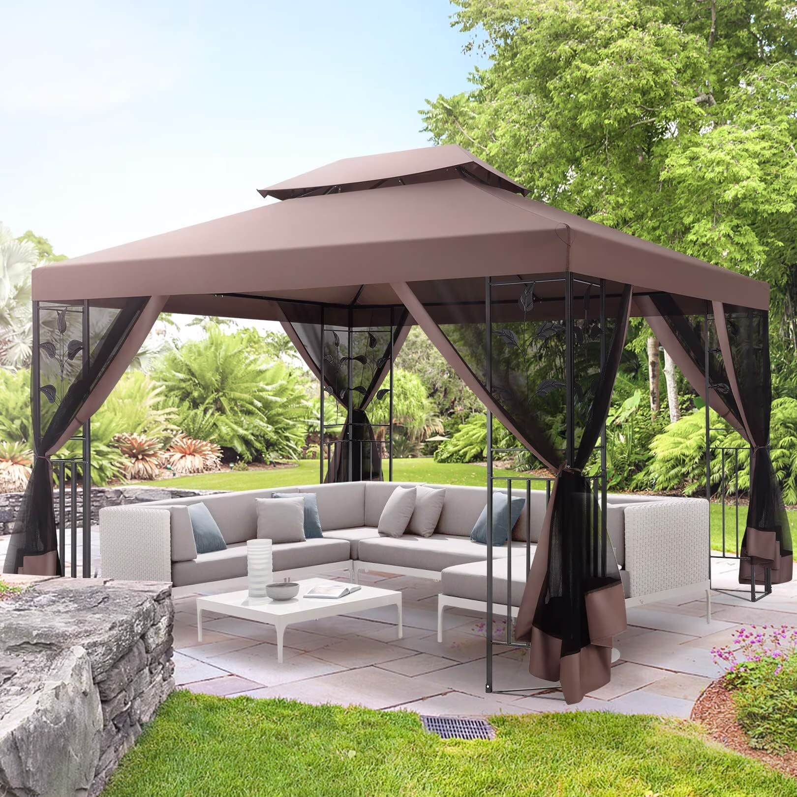 COBIZI Pop-up Gazebo, 10' x 13' Outdoor Steel Double Roof Canopy, Metal Frame Pavilion with Mosquito Netting, Sunshade for Garden, Patio, Lawns, Brown