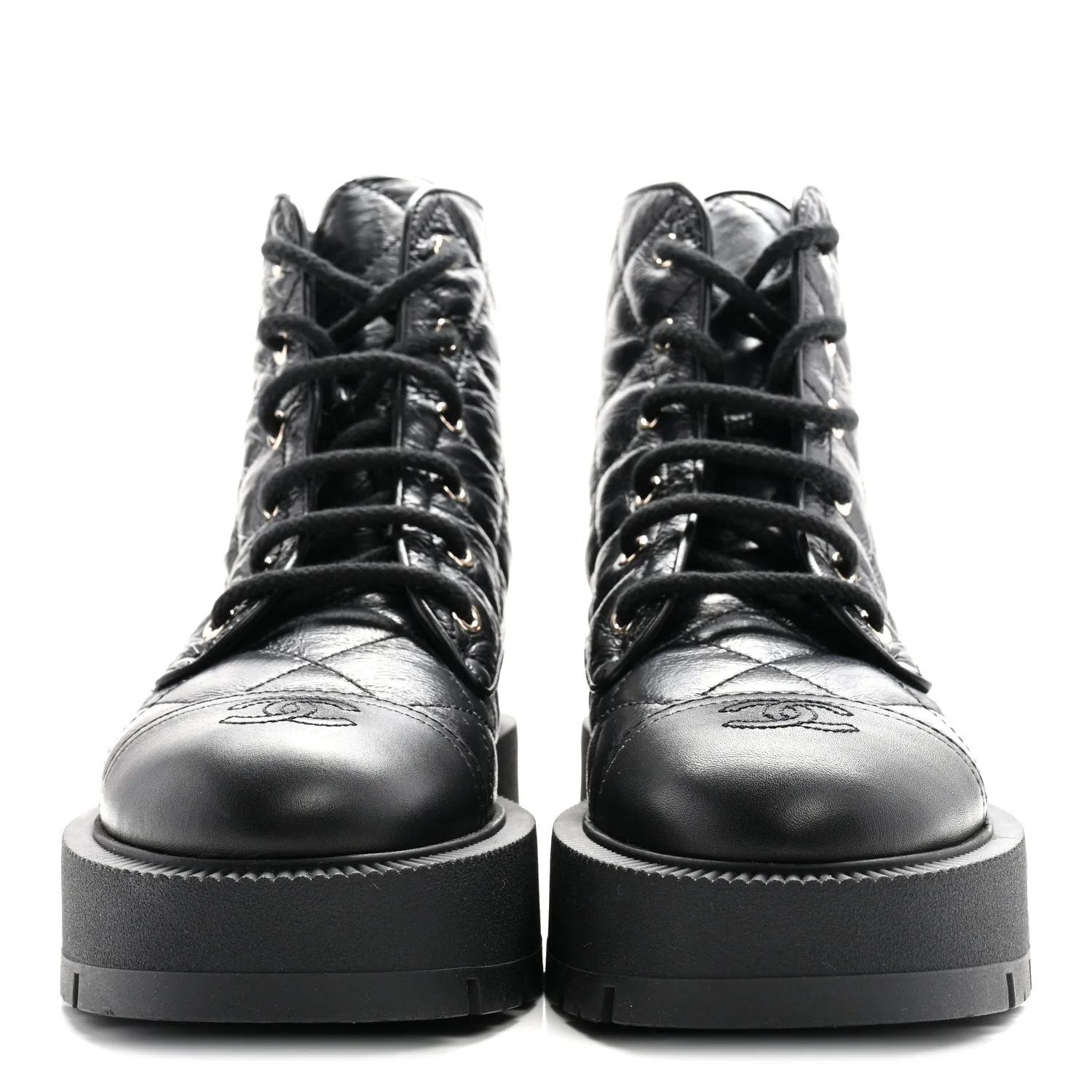Crumpled Lambskin Quilted Platform Lace Up Combat Boots 39 Black
