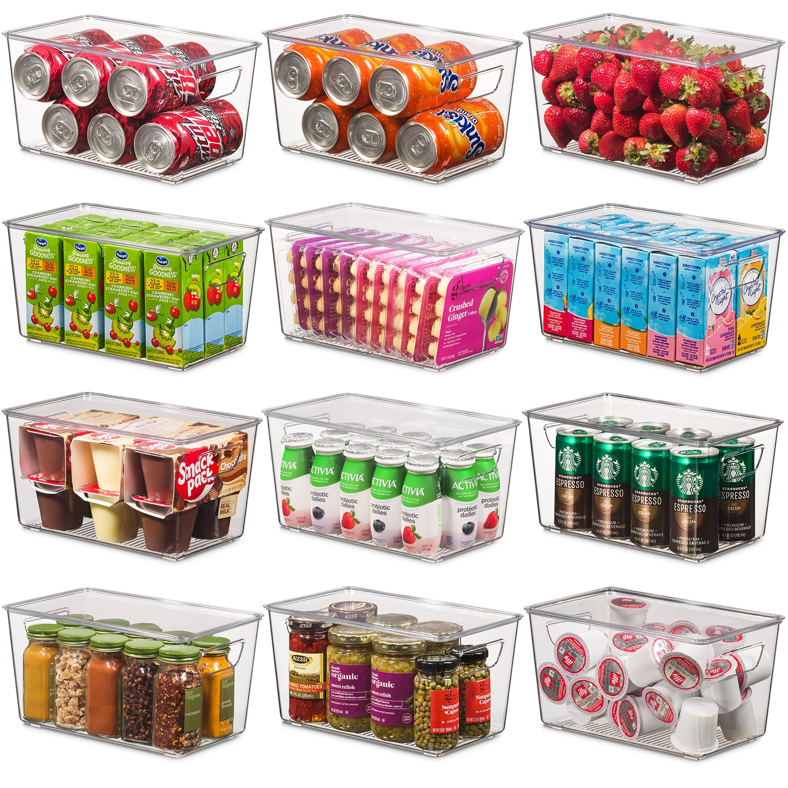 Seseno Set of 12 Refrigerator Organizer Bins with Lids - Plastic Pantry Organization and Storage Baskets - Stackable Food Fridge Organizers with Cutout