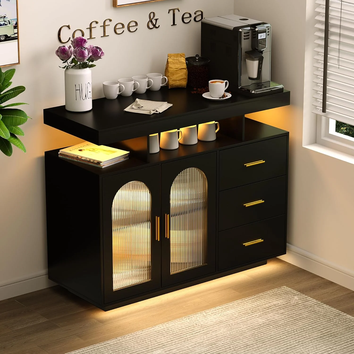 Metal Coffee Bar Cabinet, Kitchen Storage Sideboard Wine Cabinet, Wooden Shelves, Black