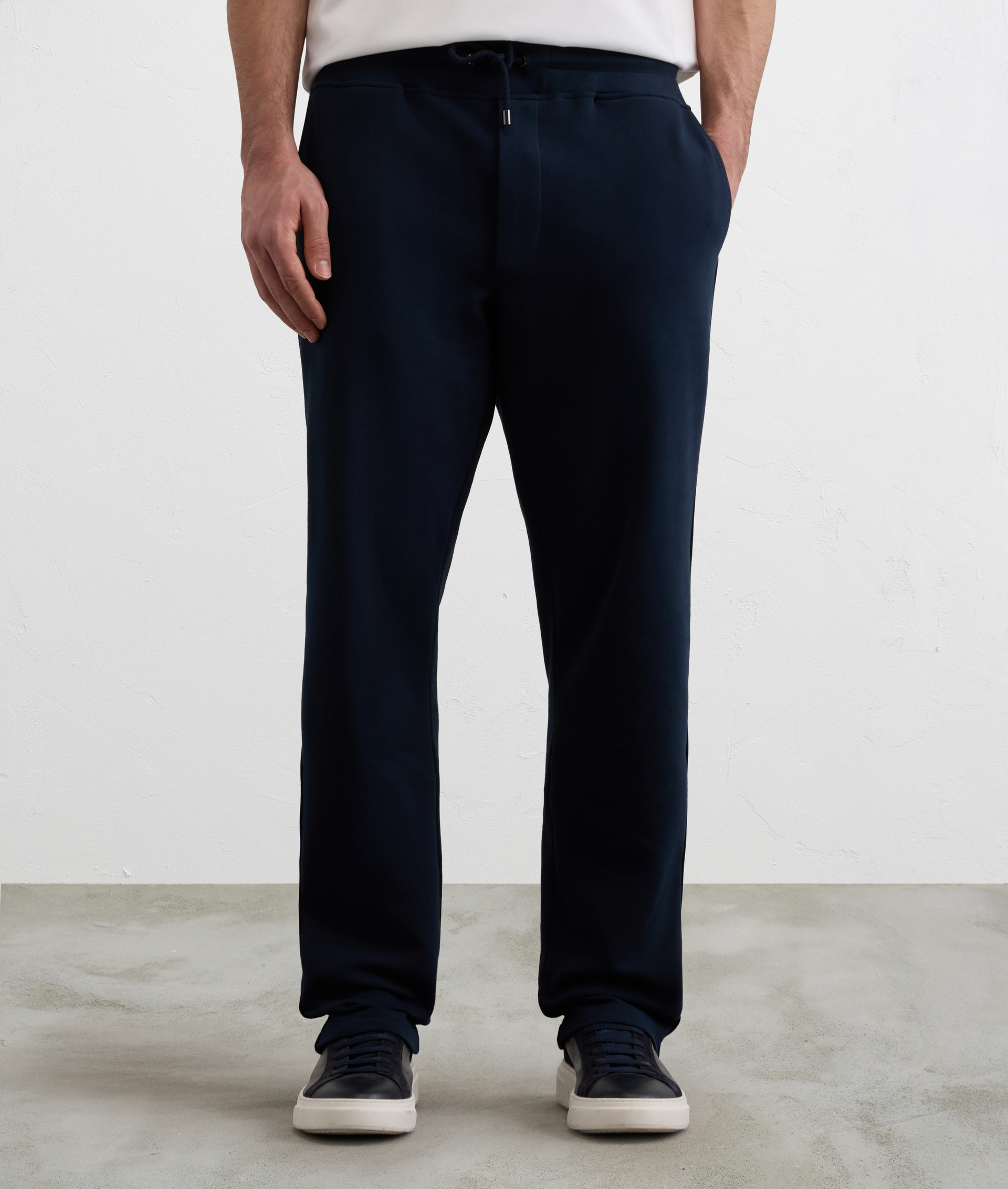 NAVY BLUE PEACH EFFECT FLEECE TRACKSUIT BOTTOMS WITH TONE ON TONE SUEDE TRIM