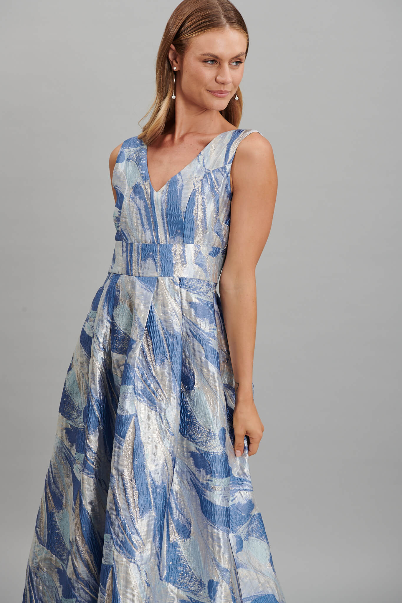 Alexandra Midi Dress In Blue And Gold Jacquard