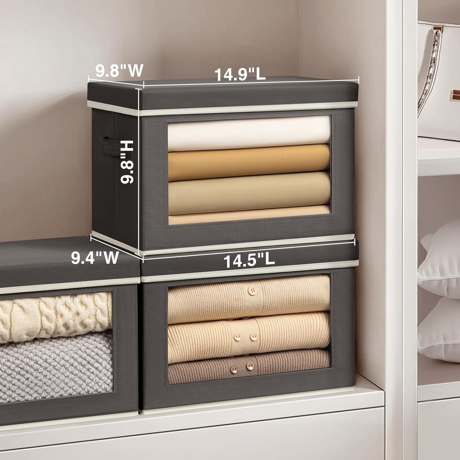 Homsorout Storage Bins with Lids - Fabric Storage Boxes with Window, Collapsible Closet Organizers with Handles, 3 Pack Decorative Bins, Home Cube Baskets for Clothes, Hats, Books, Dark Grey