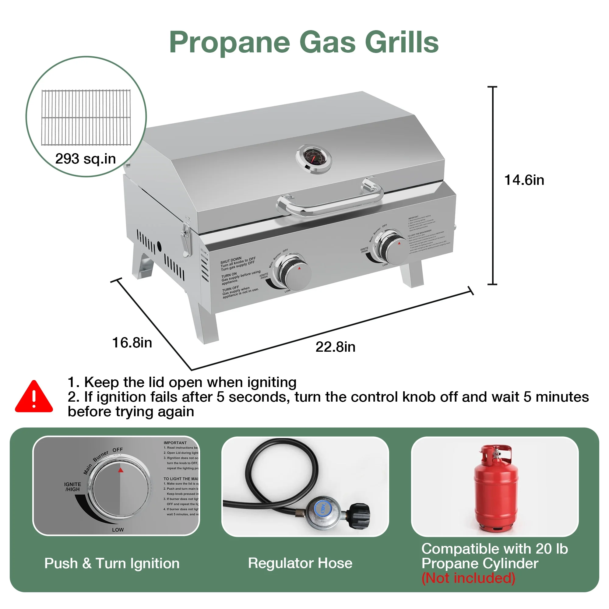 Propane Gas Grills, 30,000BTU Portable Gas Grill for Outdoor Camping BBQ Picnics Tailgating, 2 Burners, Stainless Steel Sliver(Sliver) - Image 7