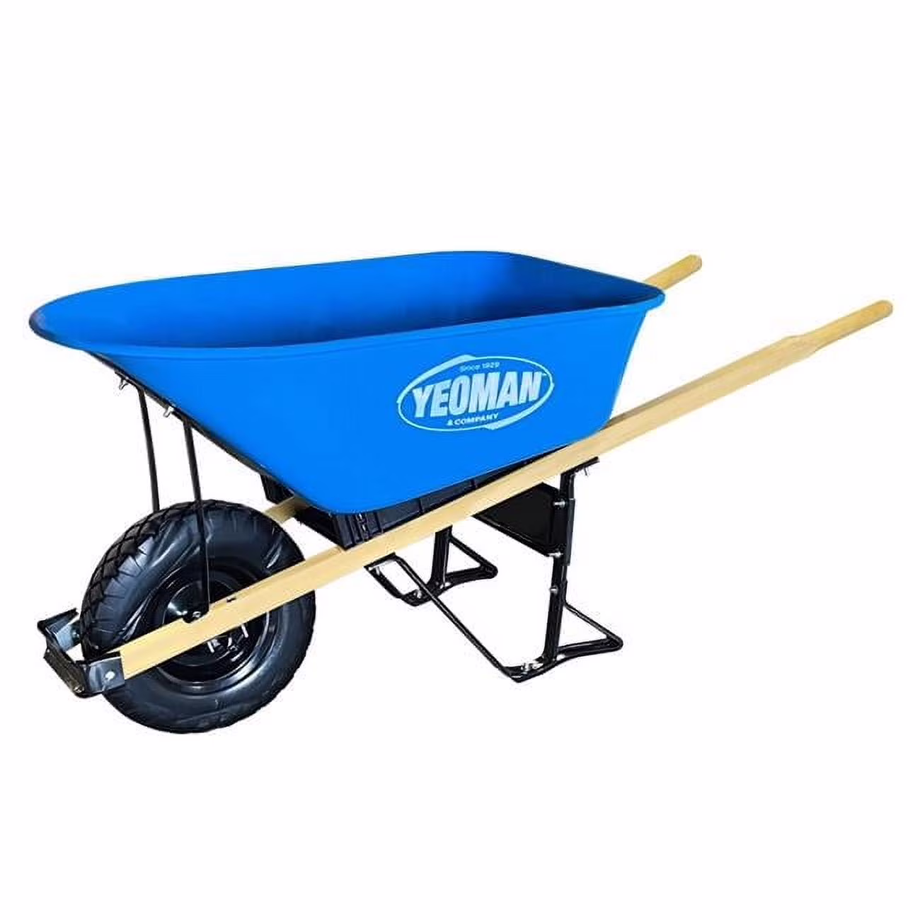 6 Cu. Ft. Wood Handle Poly Tray Wheelbarrow, Blue