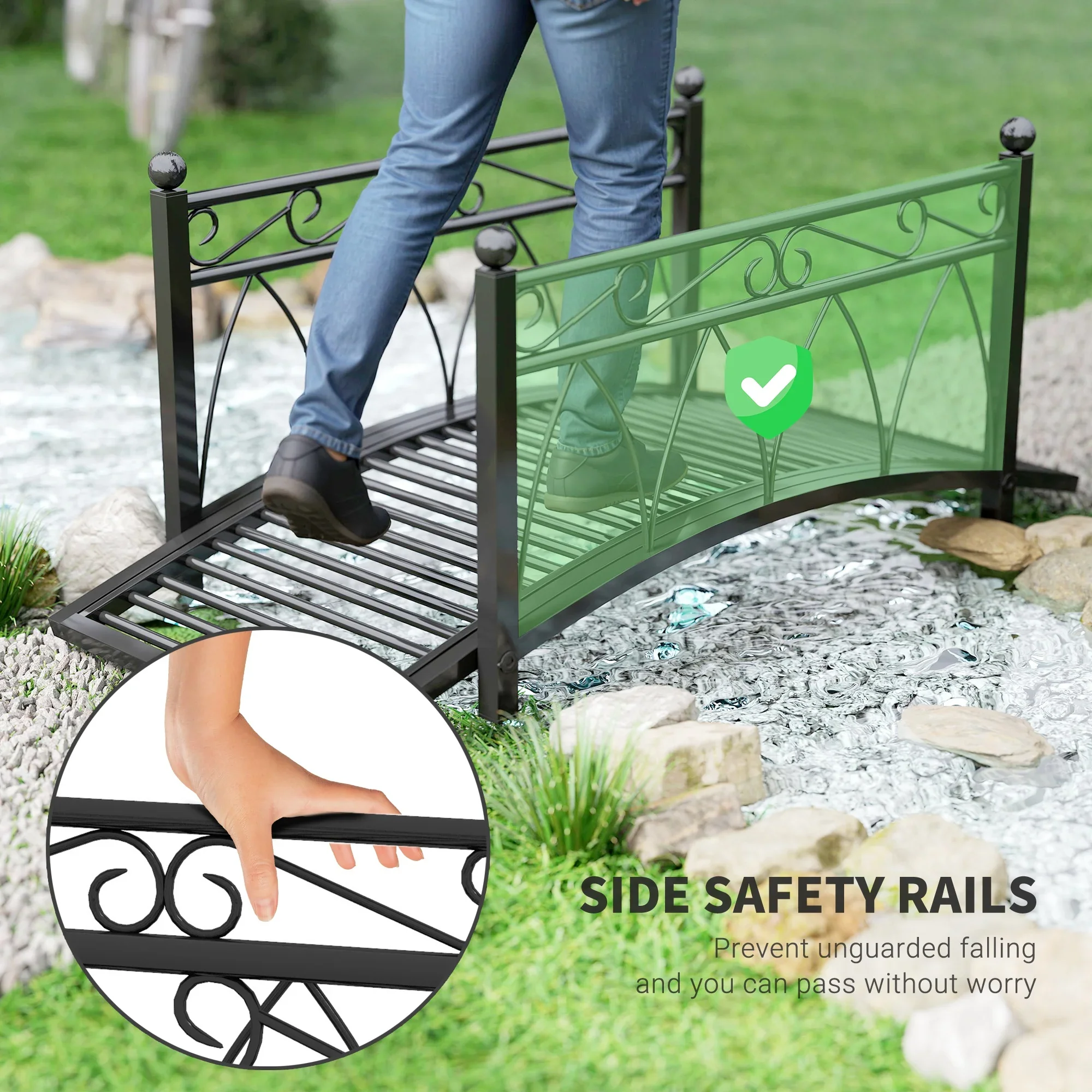 Outsunny 3.3' Metal Arch Zen Garden Bridge with Safety Siderails, Decorative Footbridge, Delicate Scrollwork & Corner Spheres for Stream, Black