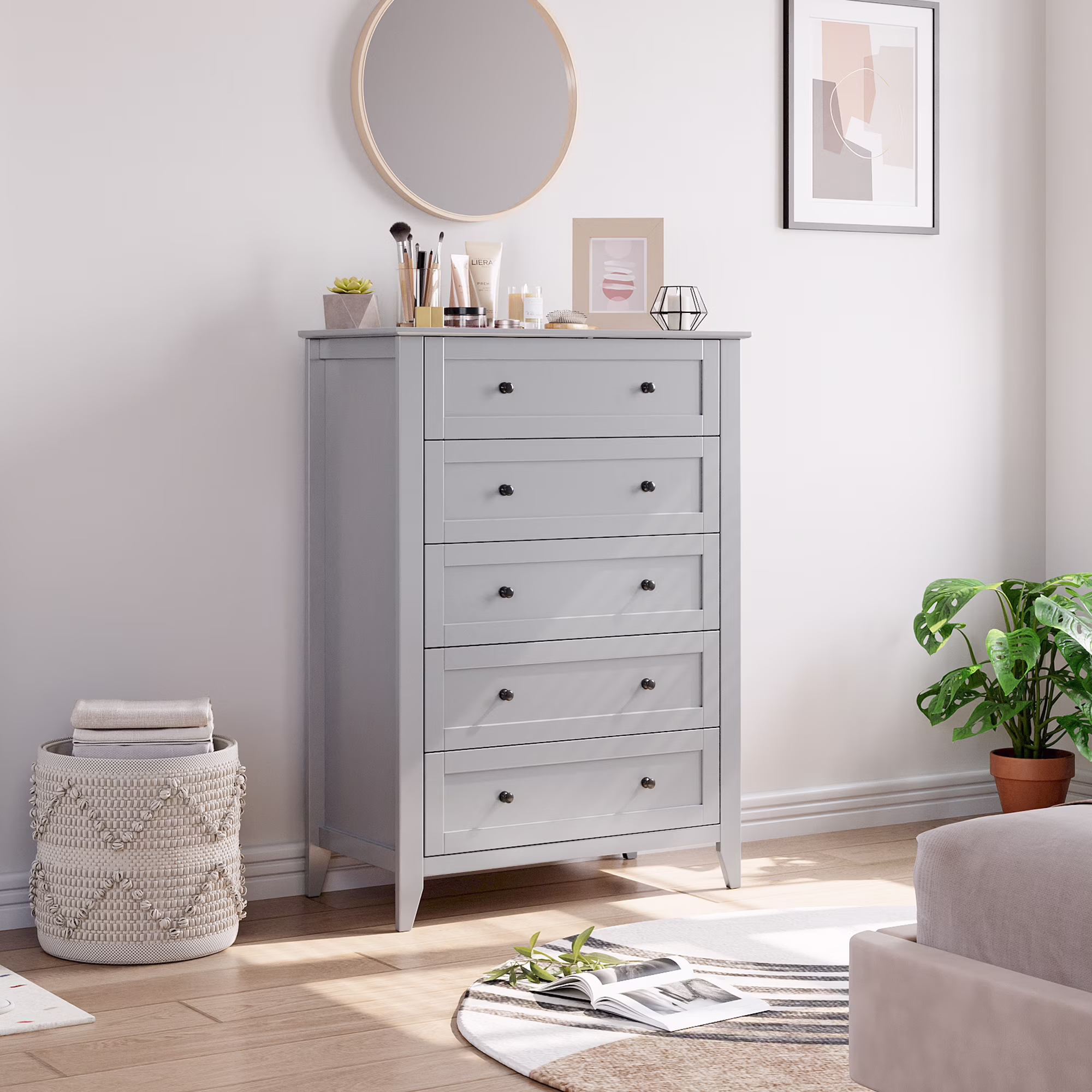 Dresser for Bedroom Black with 5 Drawers, Tall Wood Organizer Storage Cabinet with Round Handle, Drawer Dresser for Closet, Living Room, Hallway, Nursery, Kids Bedroom(5-Drawer Chest/Black) - Image 3