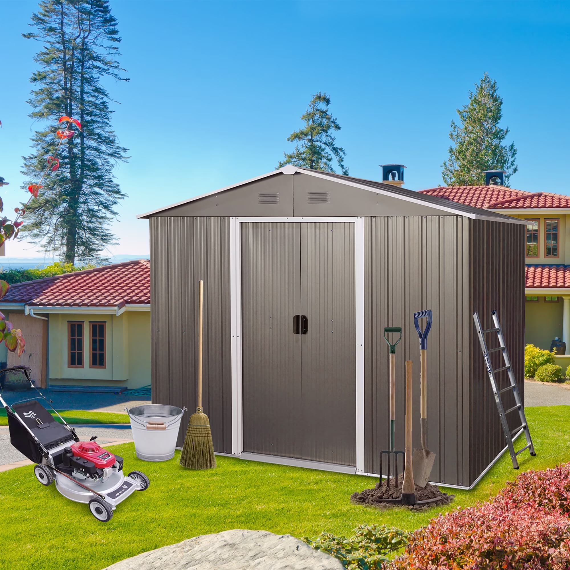 Spaco 6ft x 8ft Outdoor Metal Storage Shed with Floor Base,Gray, Garbage Can,Outdoor Metal Shed for Tool,Garden