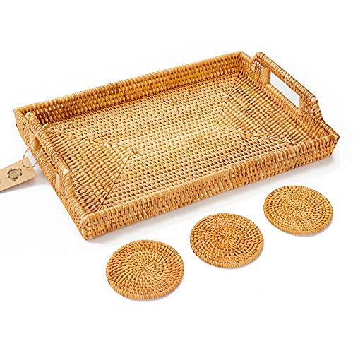 Large Rattan Tray With Rattan Coasters - Premium Flat Rectangular Serving Tray With Handles, Wicker Basket Tray 17''X11.4''X2'' Hand Woven