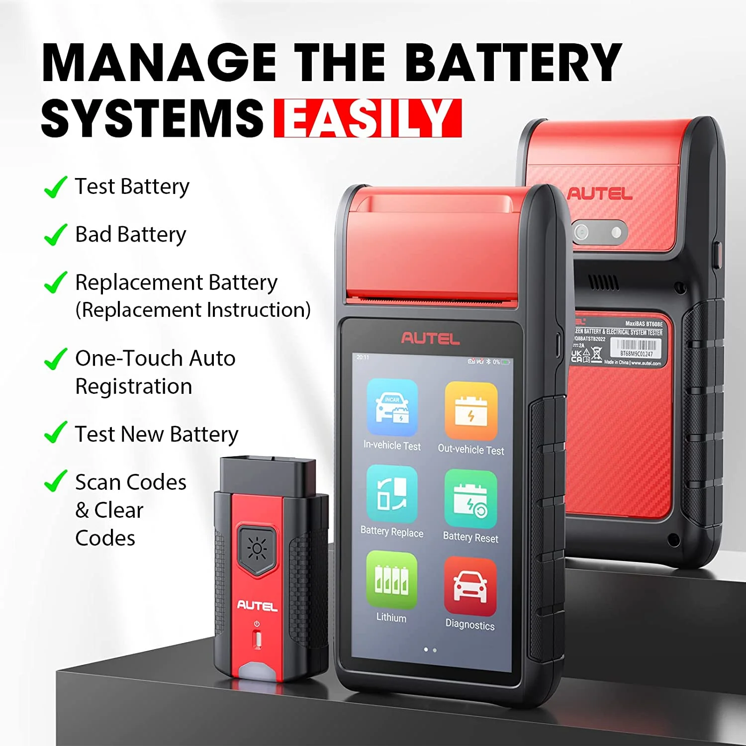 Autel Maxibas BT608(E) Battery Tester 12V 100 - 3000 CCA Load Tester, Cranking & Charging Systems Analyzer, Adaptive Conductance, Full System Diagnostic Scanner with Auto Battery Registration, Black