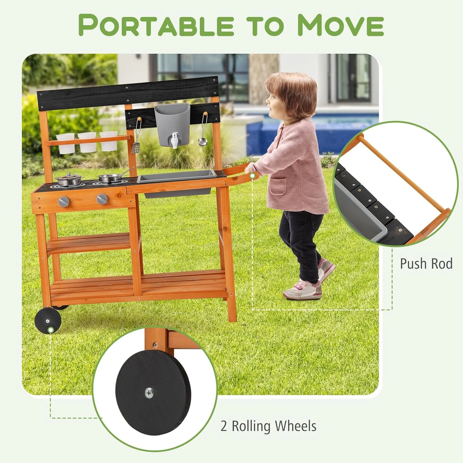 Mud Kitchen, Outdoor Play Kitchen with Wheels 3 Cups Removable Sink Cooking Accessories Wooden Kids Kitchen Playset Backyard Garden Toys Gift for Boys Girls Ages 3+(Outdoor/with Wheels) - Image 5