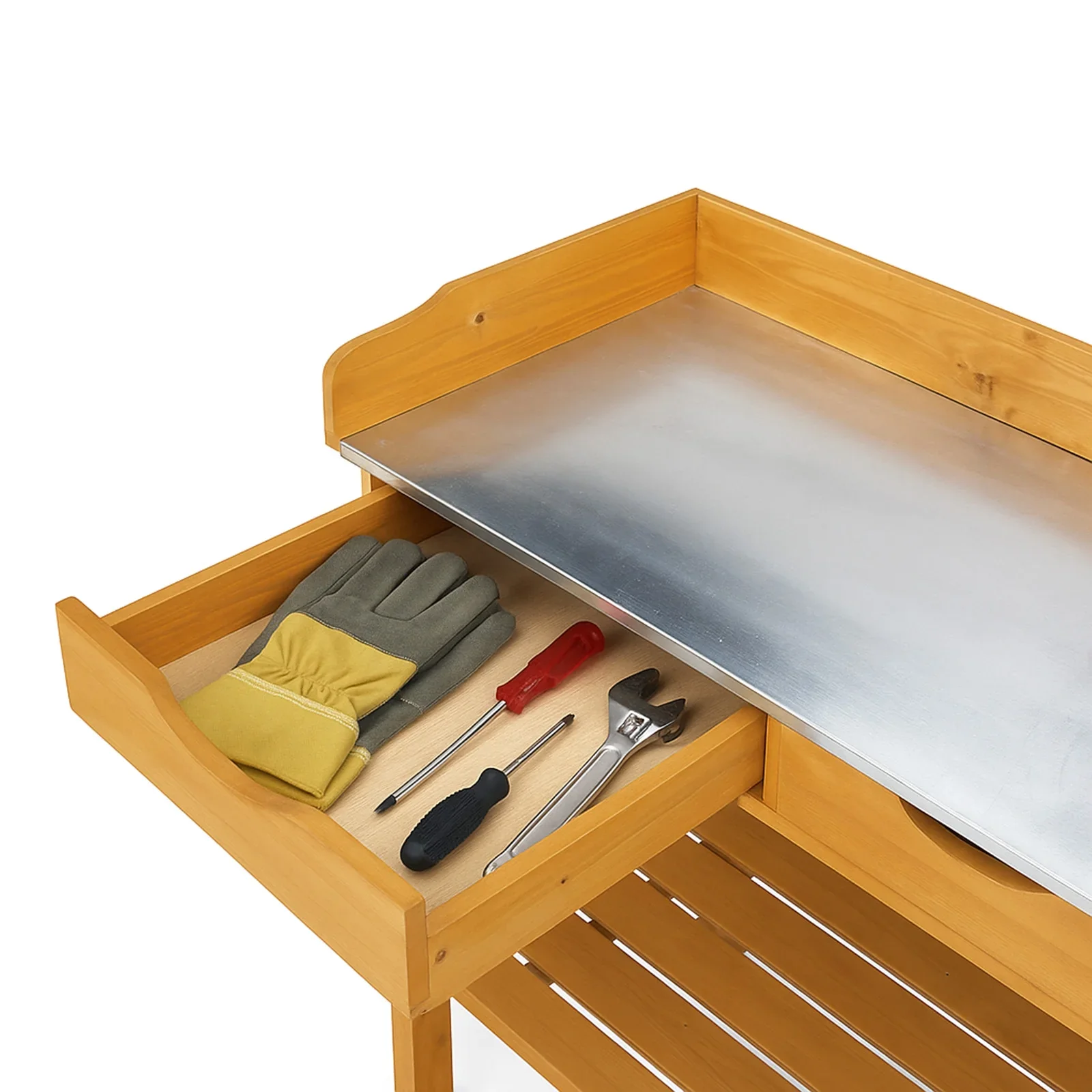 Outdoor Garden Potting Bench Table �C Wooden Planting Workstation with Metal Tabletop, Drawers & Storage Shelf