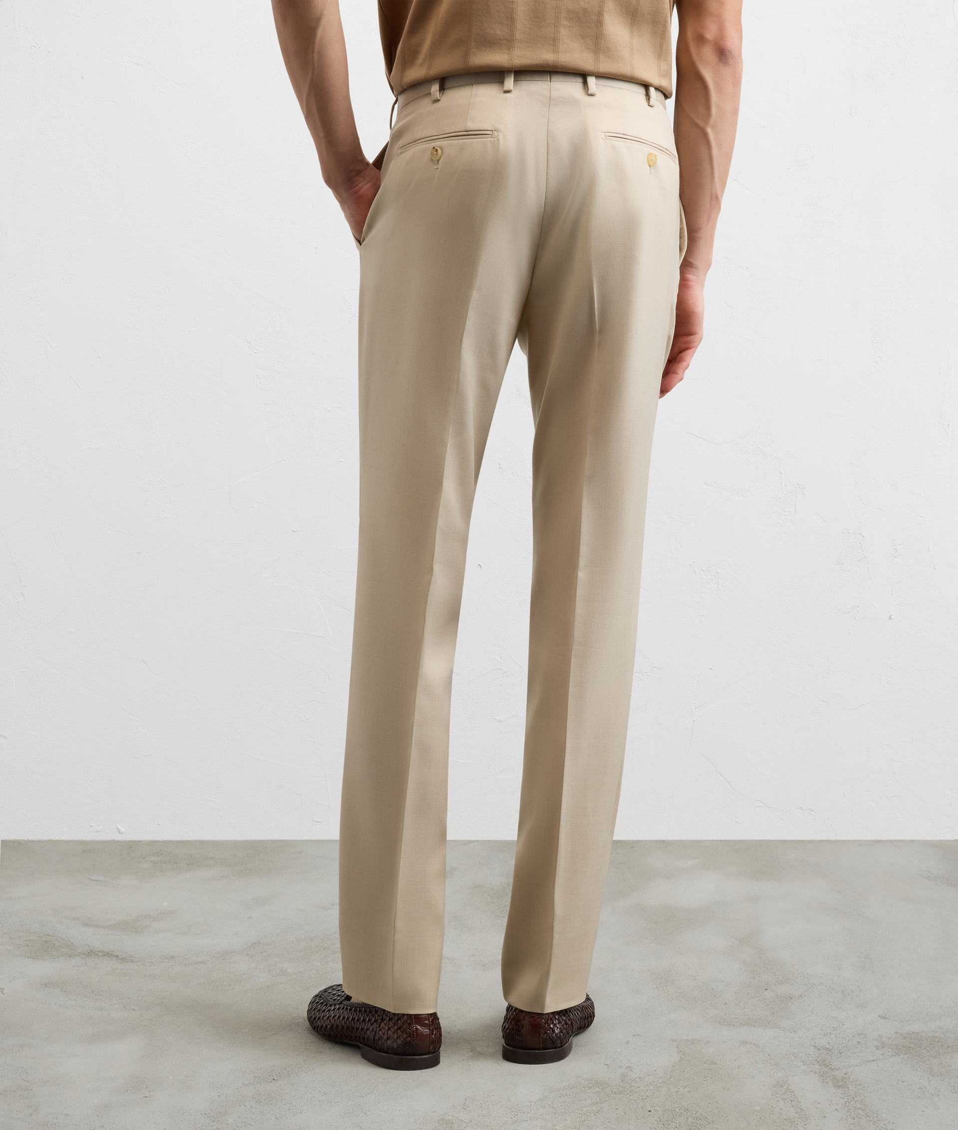 NATURAL COLORED STRETCH GABARDINE TROUSERS LYOCELL AND WOOL
