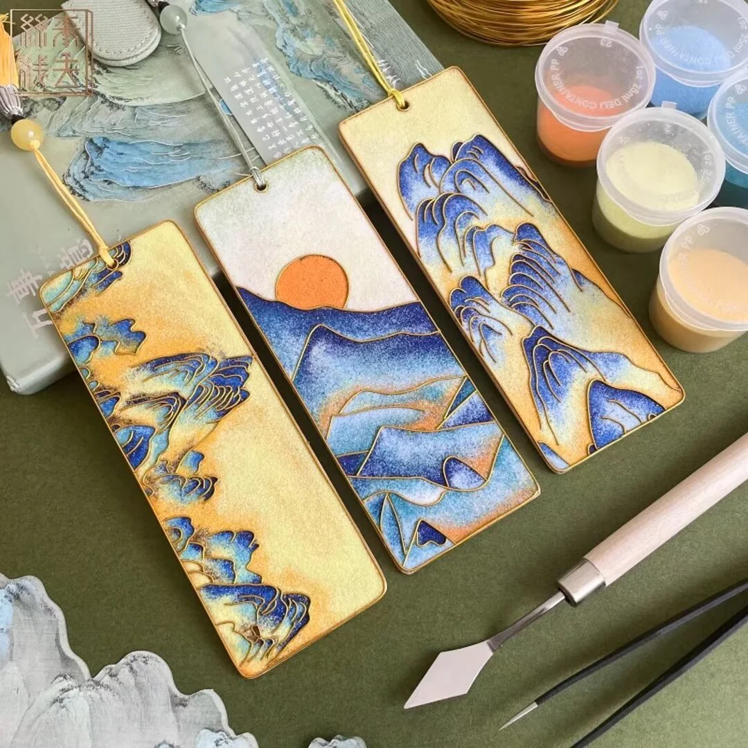 3PCs Mountains Bookmarks, DIY Cloisonne Filigree Enamel Painting Kit, with Tutorial& All Tools