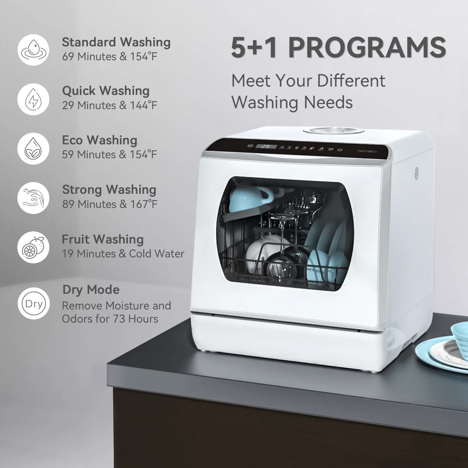 Portable Countertop Dishwasher, 5 Washing Programs, 5L Built-in Water Tank and Air-Dry Function, HMX-DW03(Glass Door) - Image 4