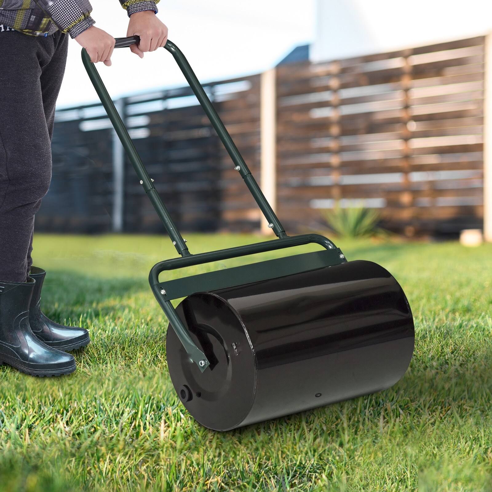 Outsunny 20-inch Push/Tow Behind Lawn Roller Filled with 10 Gal Water or Sand, Perfect for Flattening Sod in The Garden, Green