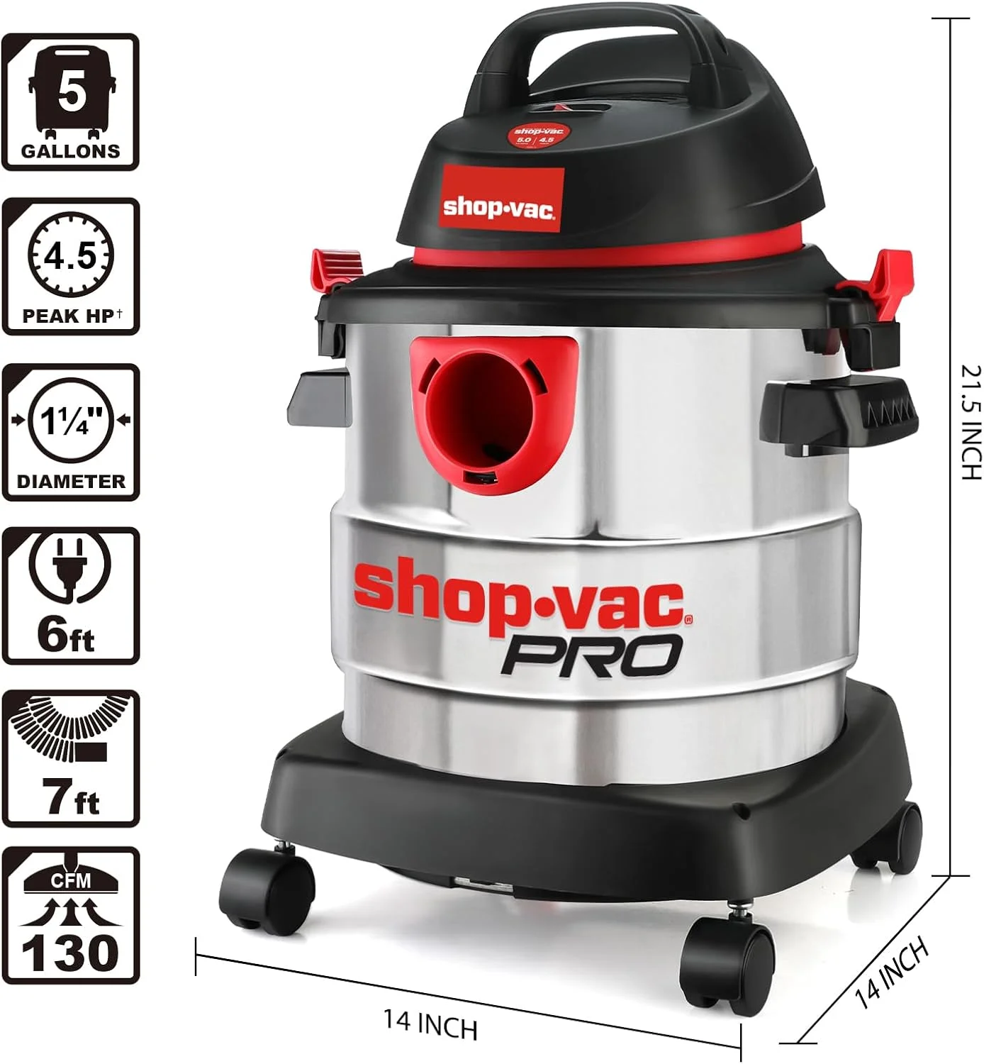 5989300, 5 Gallon, 4.5 HP Electric Corded Wet/Dry Vacuum Cleaner for Garage, Silver(None) - Image 2