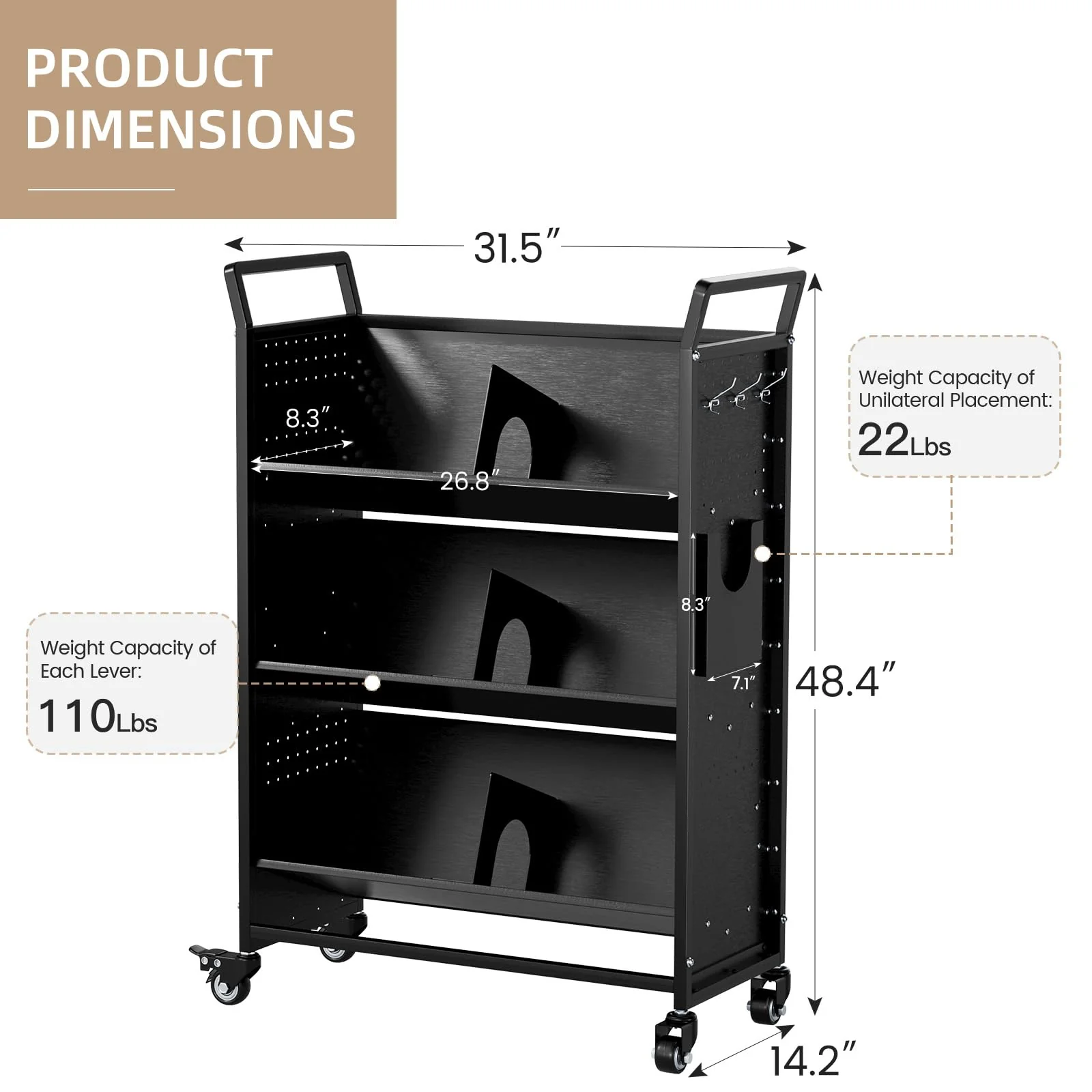 AECOJOY Book Cart with Wheels, 352LBS Rolling Bookshelf Utility Cart with V-Shaped Shelves