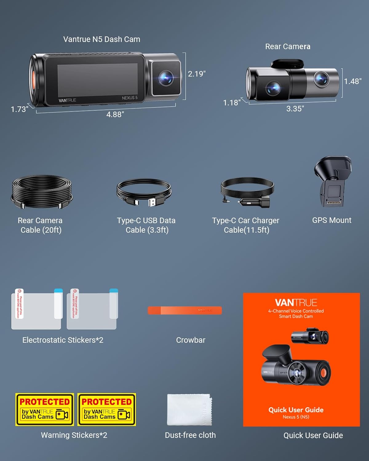Vantrue N5 4 Channel WiFi 360° All Sides Dash Cam  STARVIS 2  IR Night Vision  2.7K+1080P*3 Front Rear Inside Dashcam  Voice Control  GPS  24 Hours Buffered Parking Mode Dash Camera  512GB Max (N5)