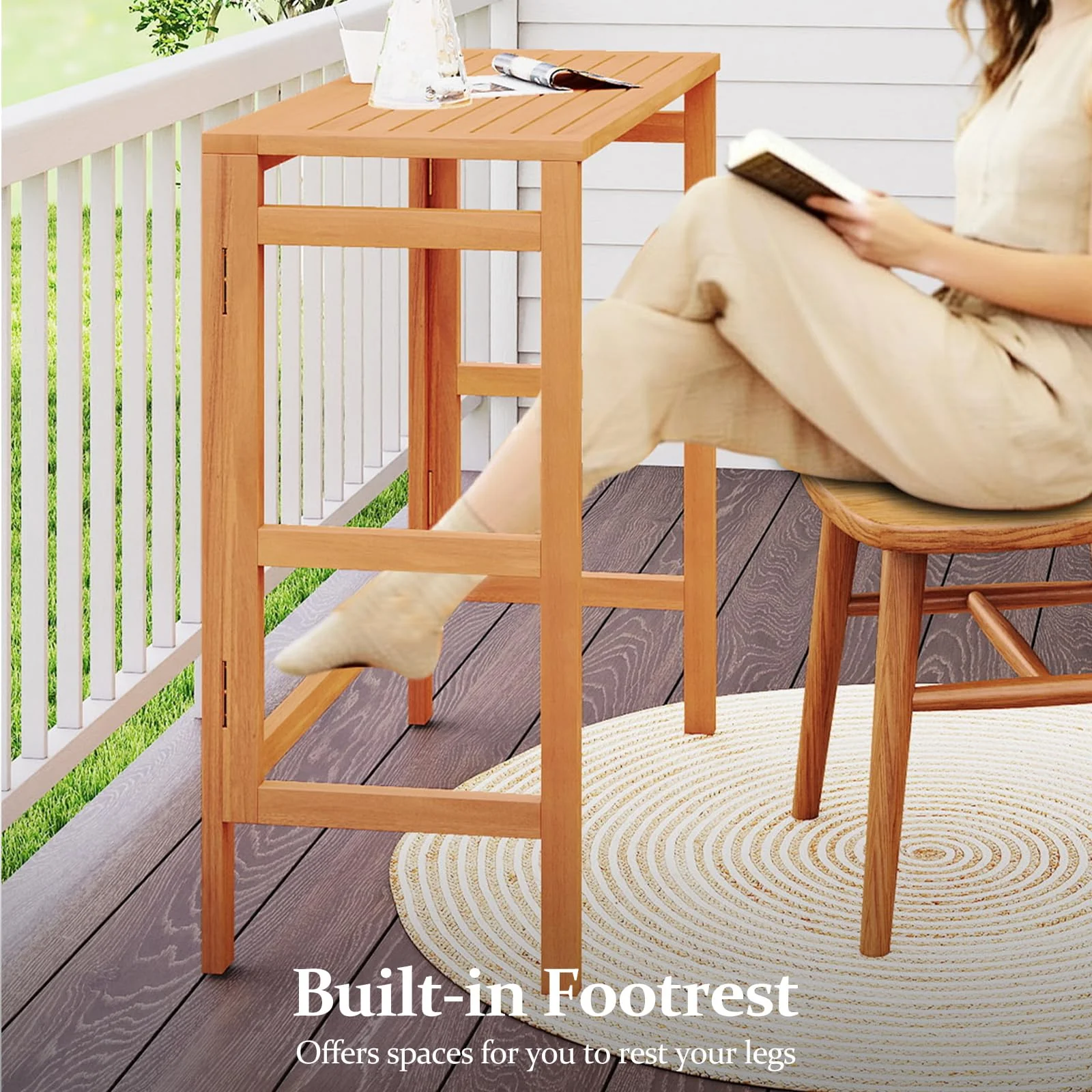 Tangkula Patio Rectangle Counter Height Pub Table with Slatted Tabletop