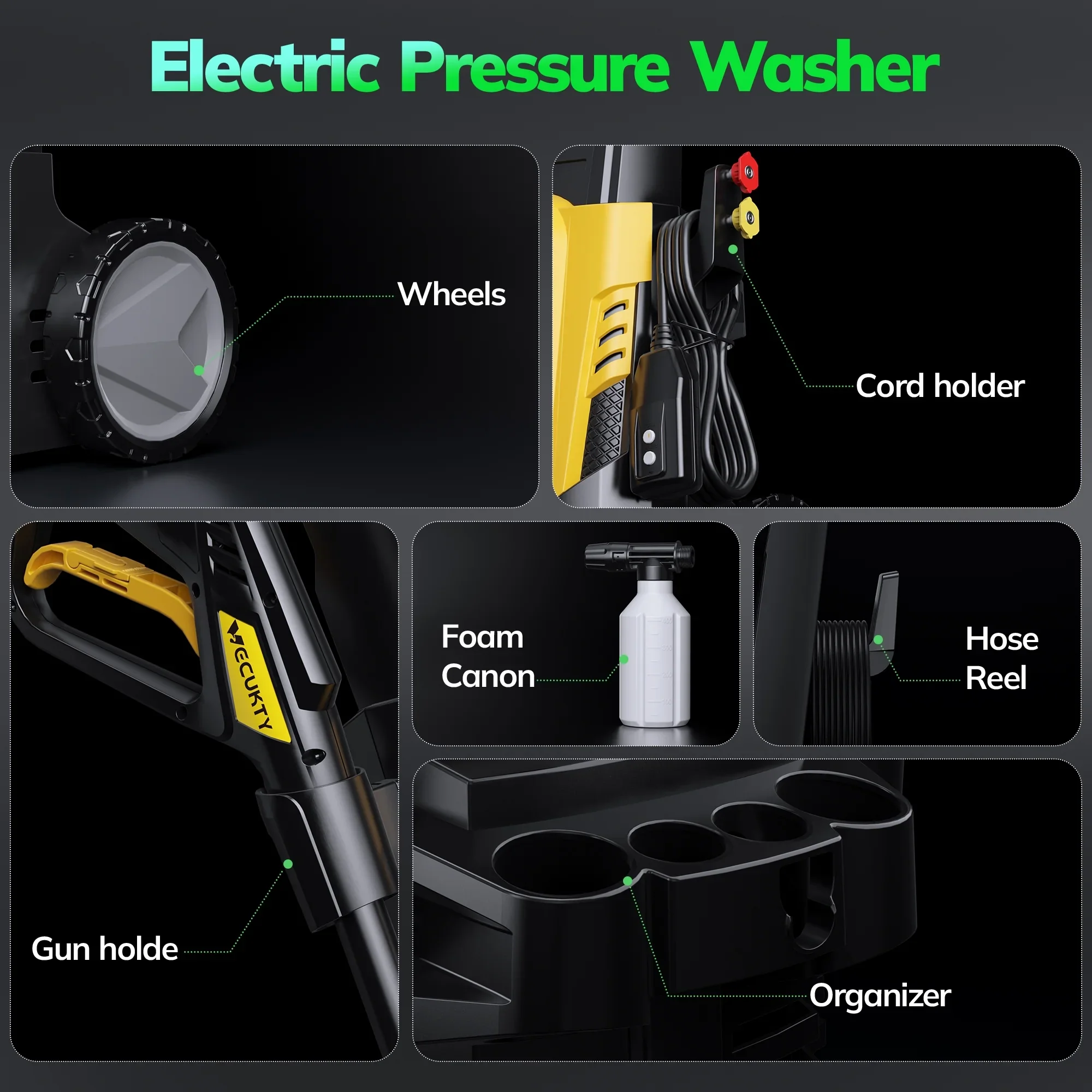 VECUKTY Electric Pressure Washer,3700 PSI Max 2.5 GPM Power Washer with 35FT Cord,20FT Hose,4 Quick Nozzles,Foam Cannon for Car Garden Patio