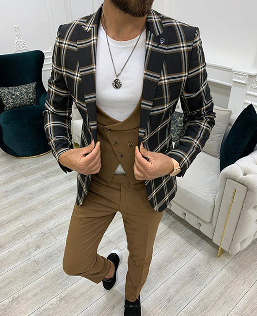 Blazer à carreaux quotidien avec poches et deux boutons, col à revers