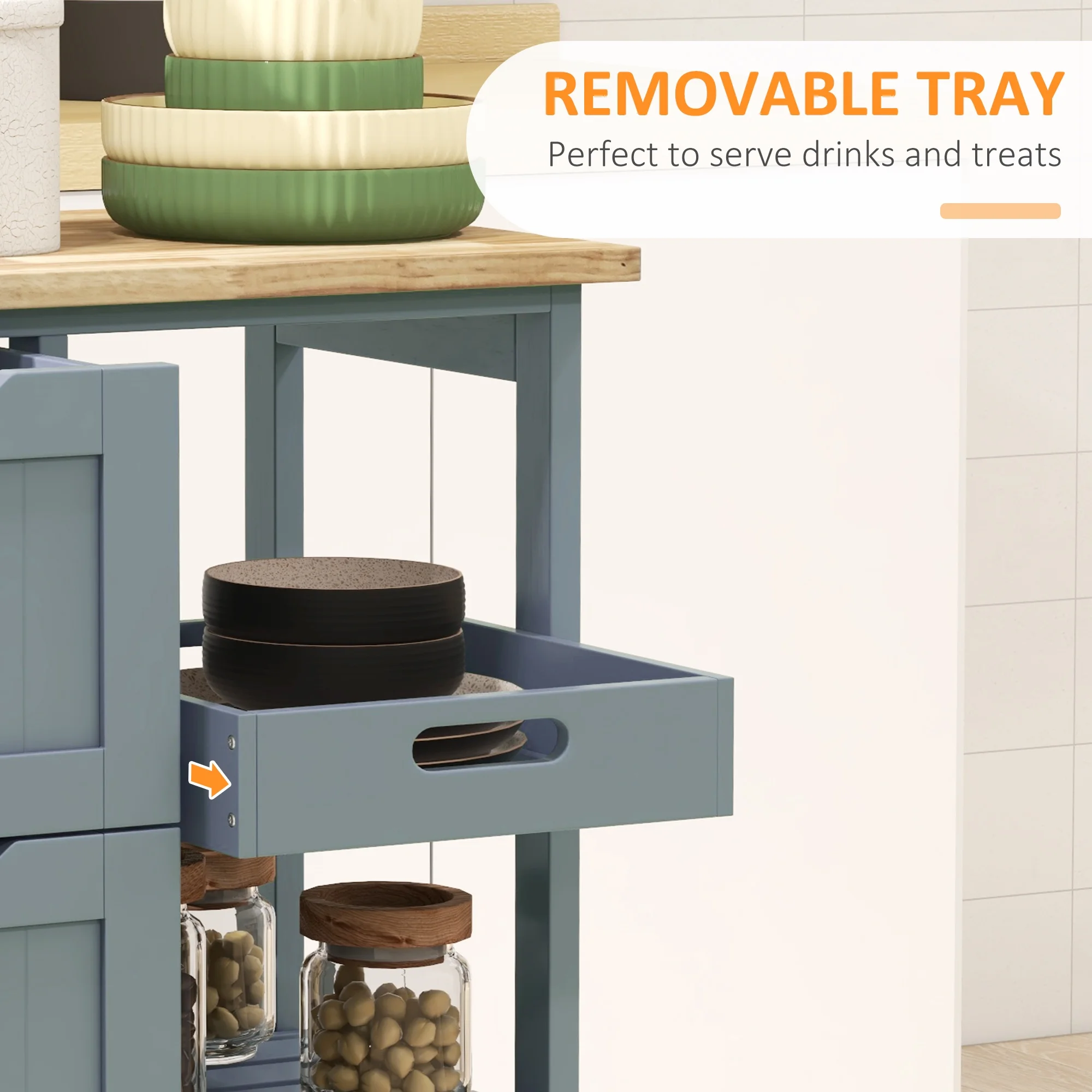 Wood Top Kitchen Island with Shelves and Drawers and Wheels, Rolling Bar Serving Cart for Home, Kithen, Bar, Dining Room, Light Blue(Light Blue) - Image 5