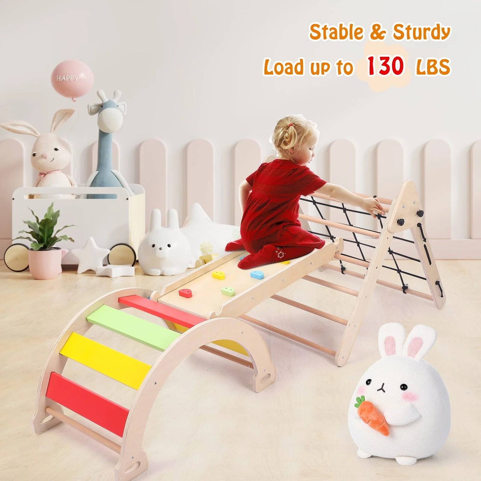 Toddler Indoor Gym Playset 2-in-1 Wooden Climbing Toys Triangle Folding Climbing for Climbing Sliding for Boys and Girls - Image 4