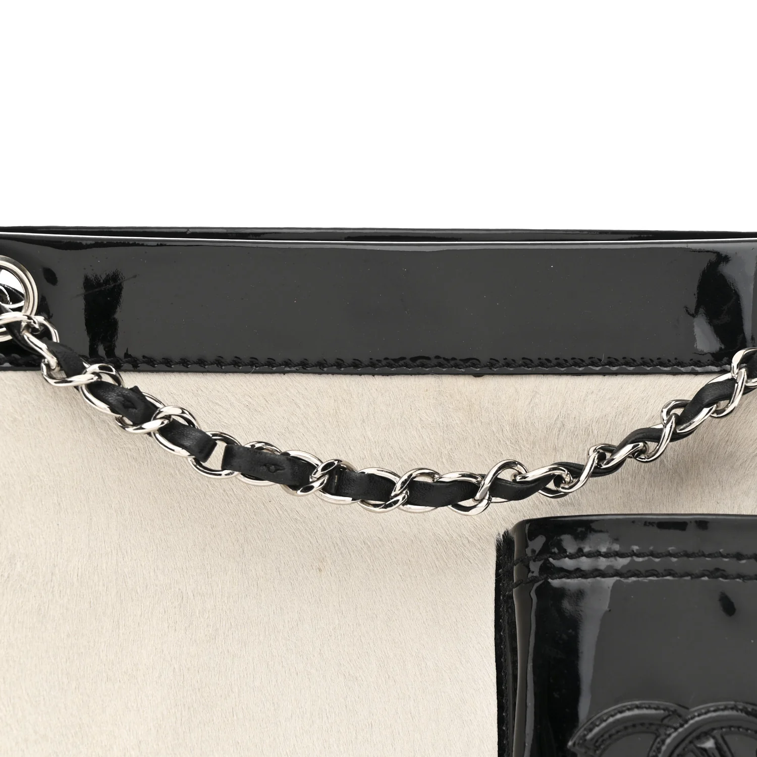 Patent Pony Hair Small Pocket Tote Black White