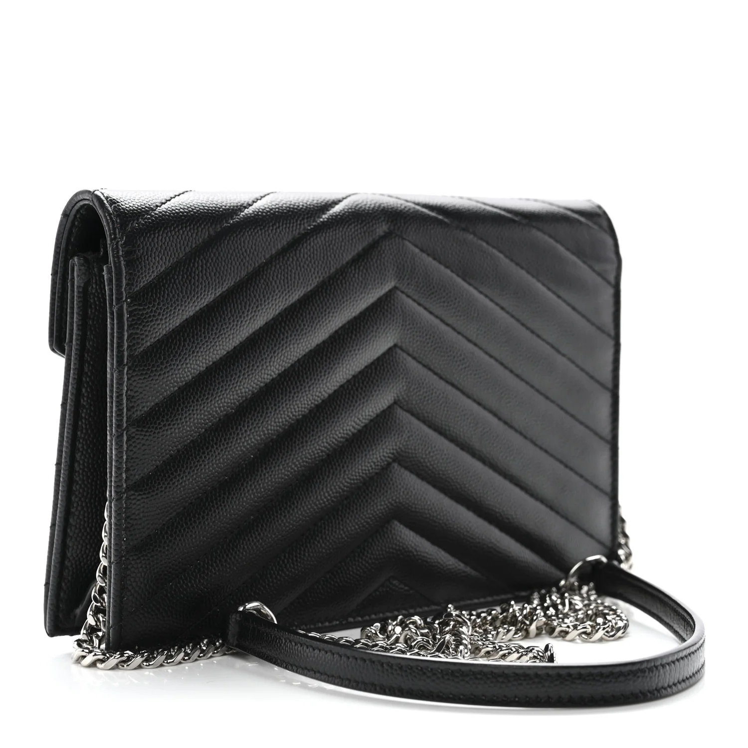 Grain De Poudre Matelasse Chevron Monogram Envelope Chain Wallet Black