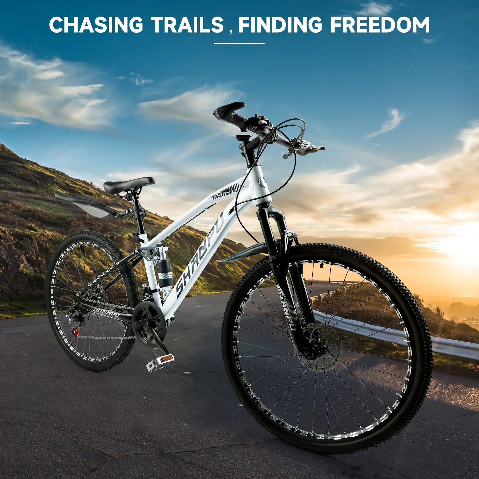 ARTUDATECH 26 Inch Wheel Full Suspension Mens Mountain Bike, Shimano 21 Speed,  Dual Disc Brake Bike for Men Womens Adult Bicycle With Bike Lock And Air Pump, orange