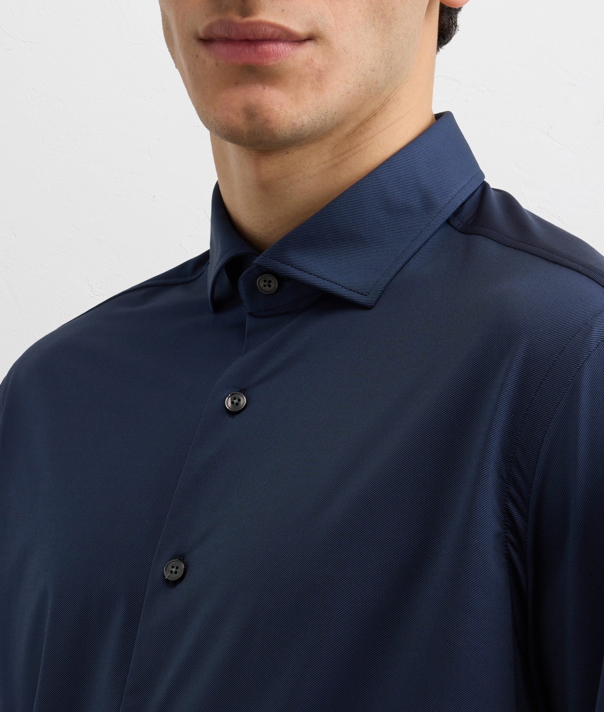 NAVY BLUE POLYAMIDE AND ELASTANE SHIRT WITH SMALL TORINO COLLAR AND STANDARD CUFF